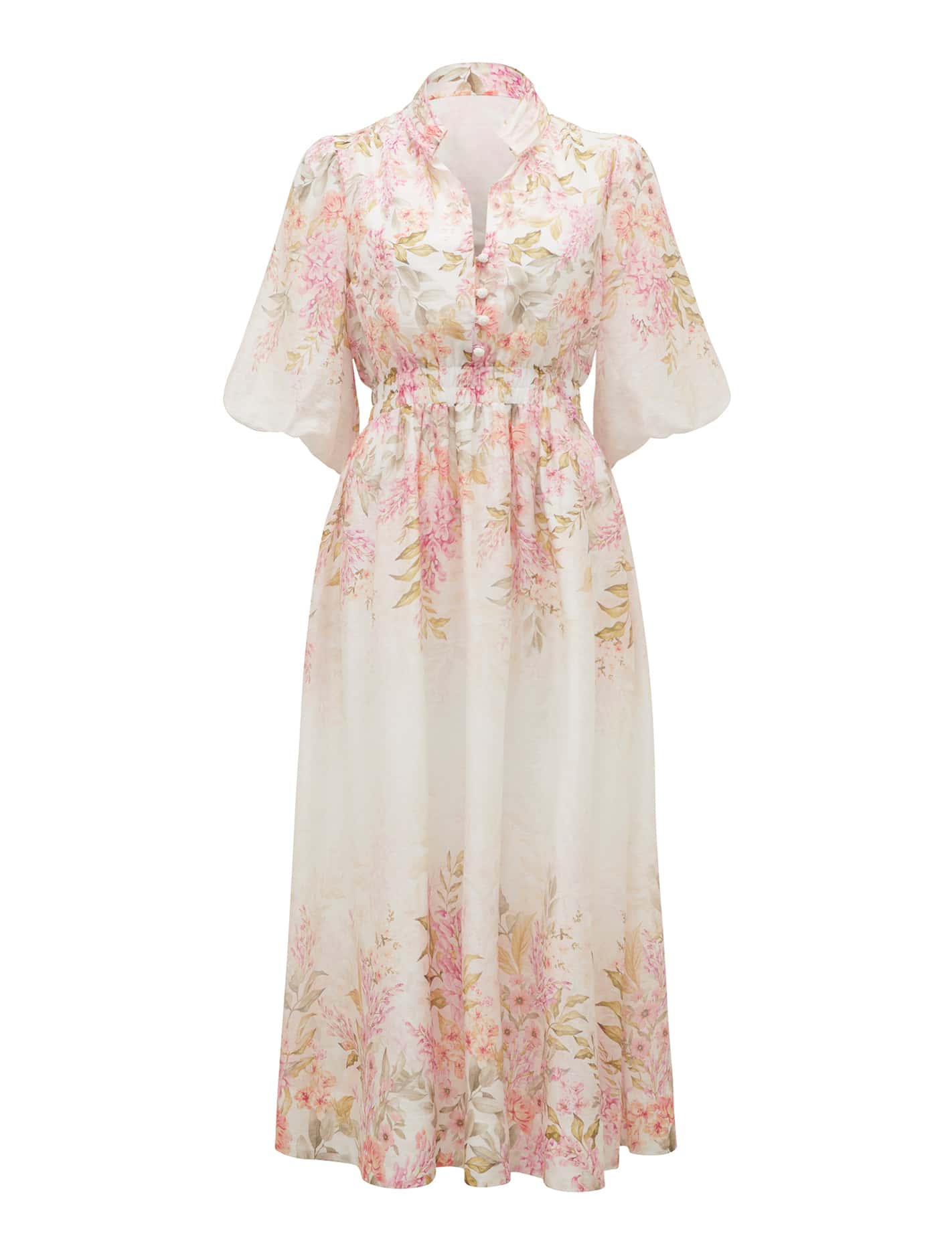 Ivy Printed Puff Sleeve Midi Dress Conifer Floral_mannequin