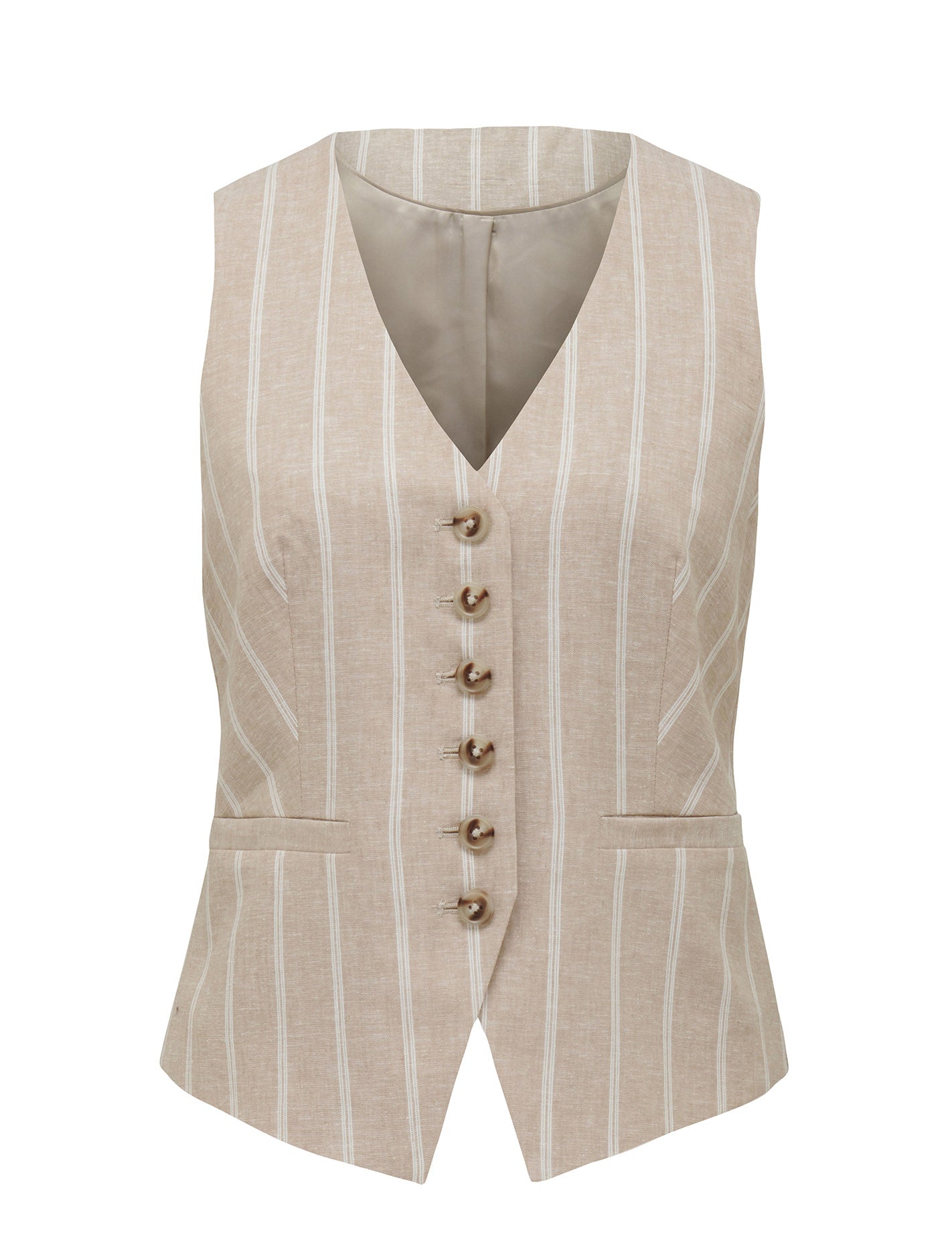 Imogen Waistcoat Desert Taupe Stripe_mannequin