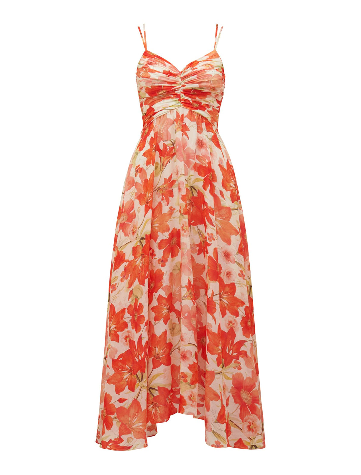 Jolie Strappy Ruched Bodice Maxi Red Calida Botanical_mannequin