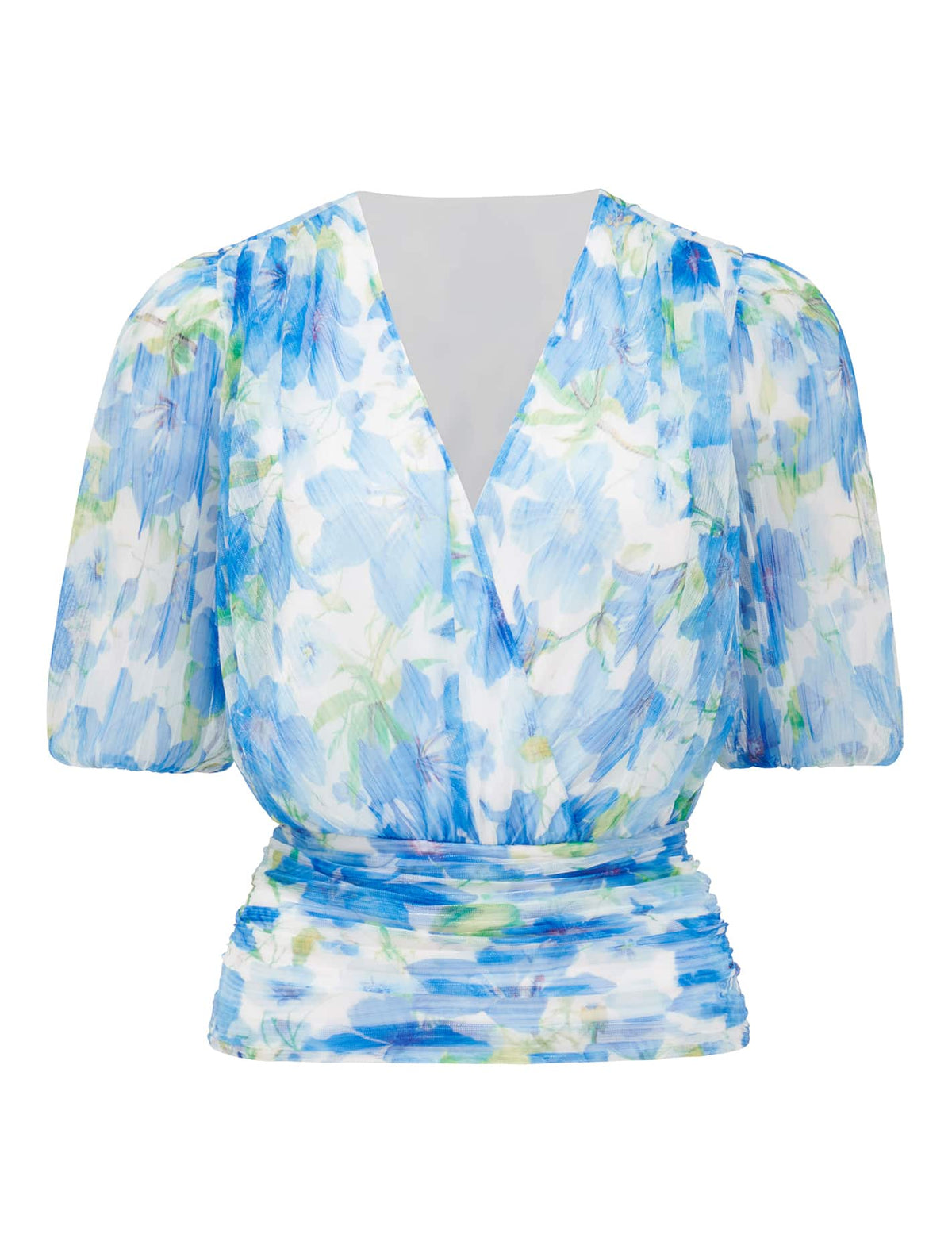 Wendall Wrap Front Plisse Top Blue Calida Botanical_mannequin