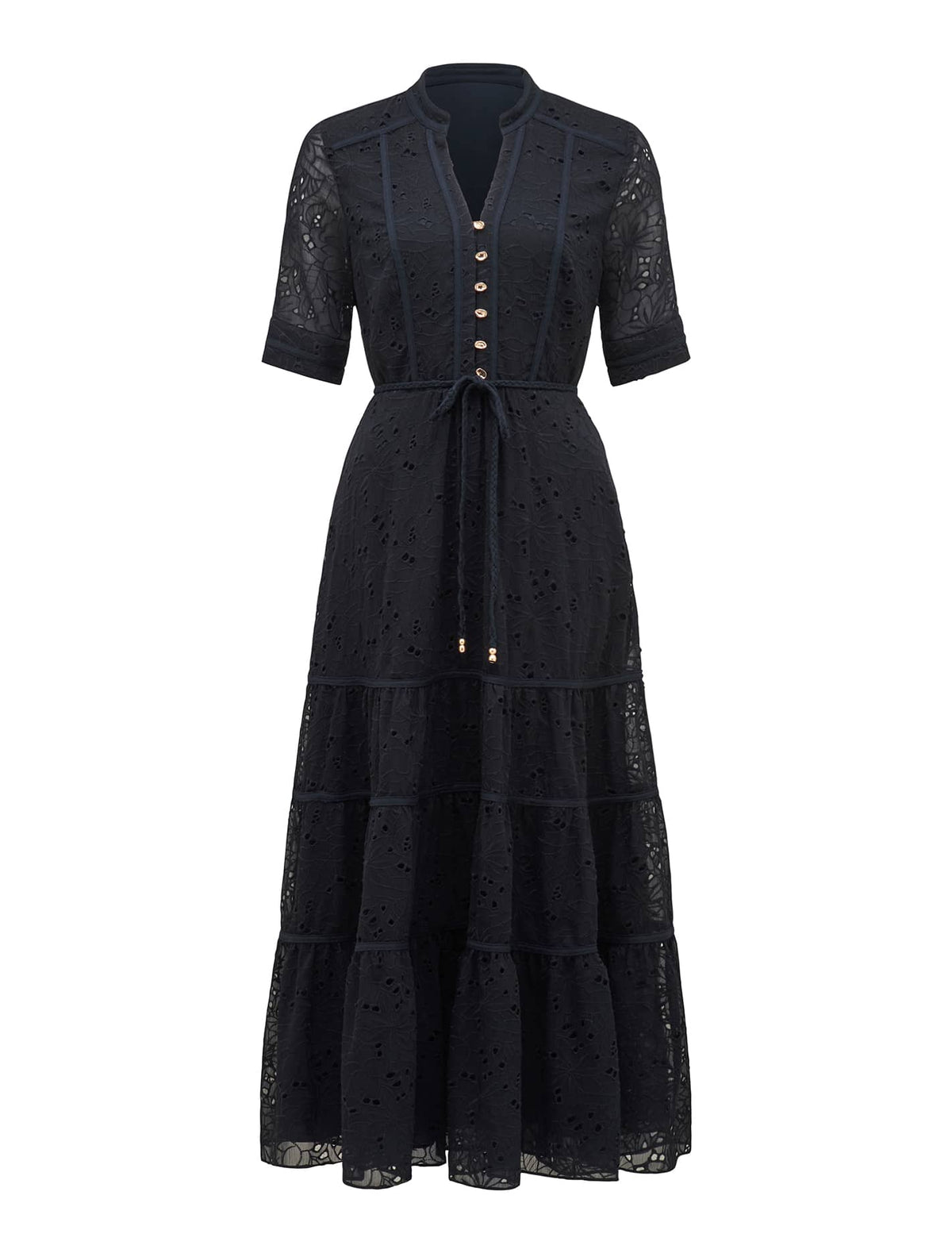 Rachel Embroidered Short Sleeve Midi Dress Navy_mannequin