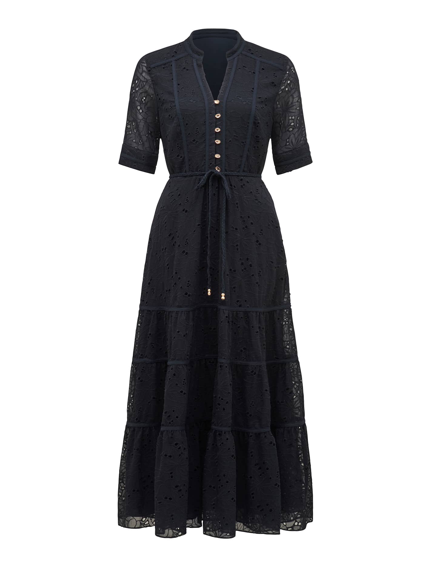 Rachel Embroidered Short Sleeve Midi Dress Navy_mannequin