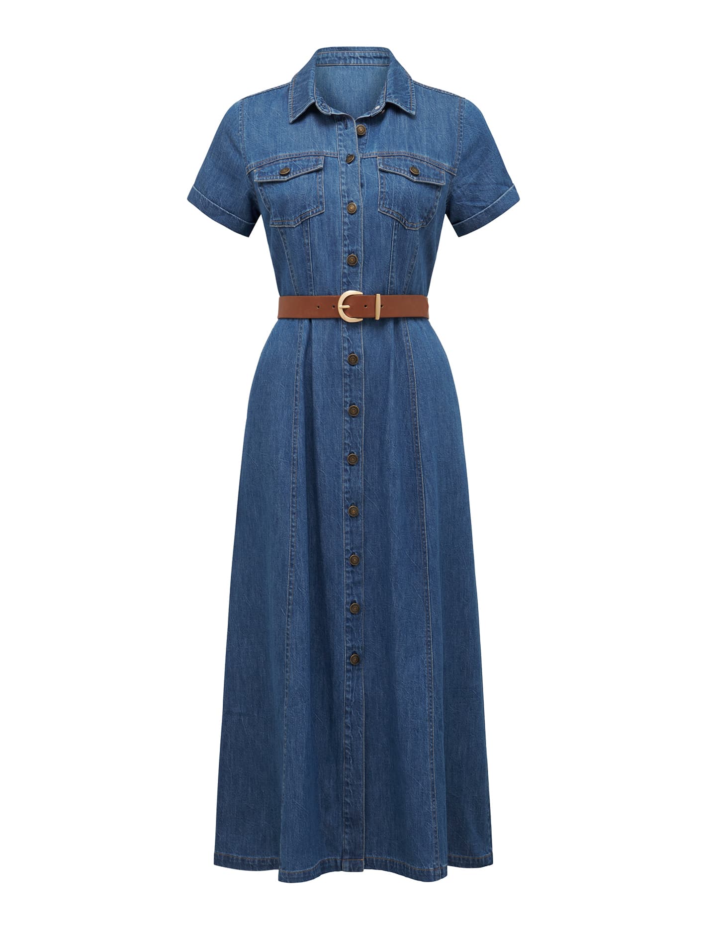 Lana Short Sleeve Midi Dress Mid Wash_mannequin