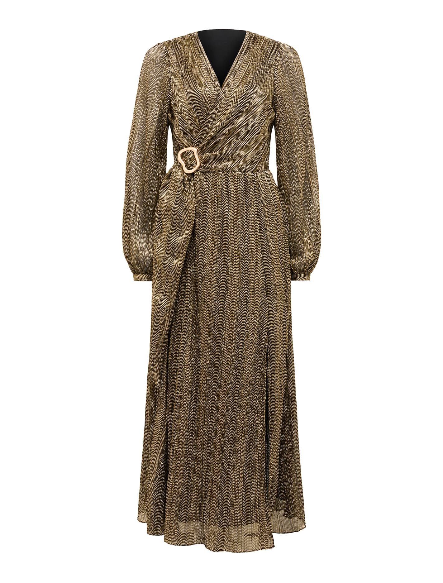 Tyler Plisse Belted Midi Dress Black & Gold_mannequin