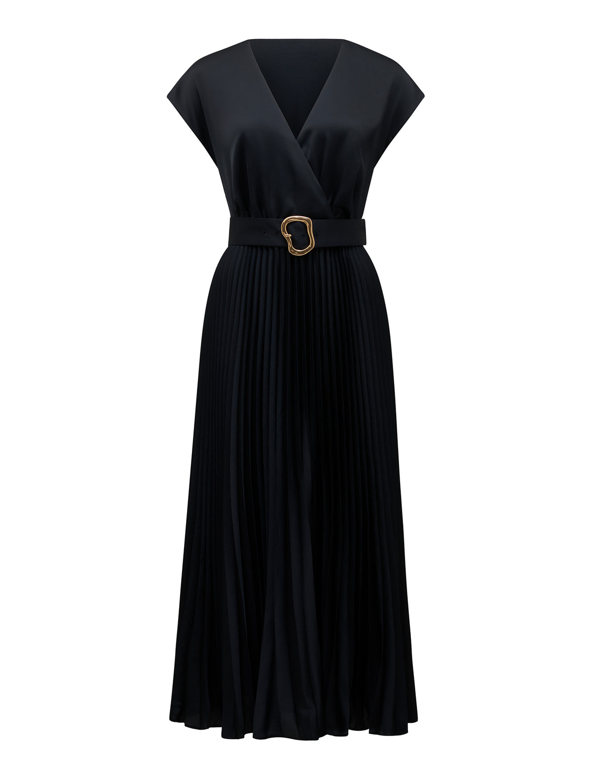 Catherine Satin Pleated Midi Dress Navy_mannequin