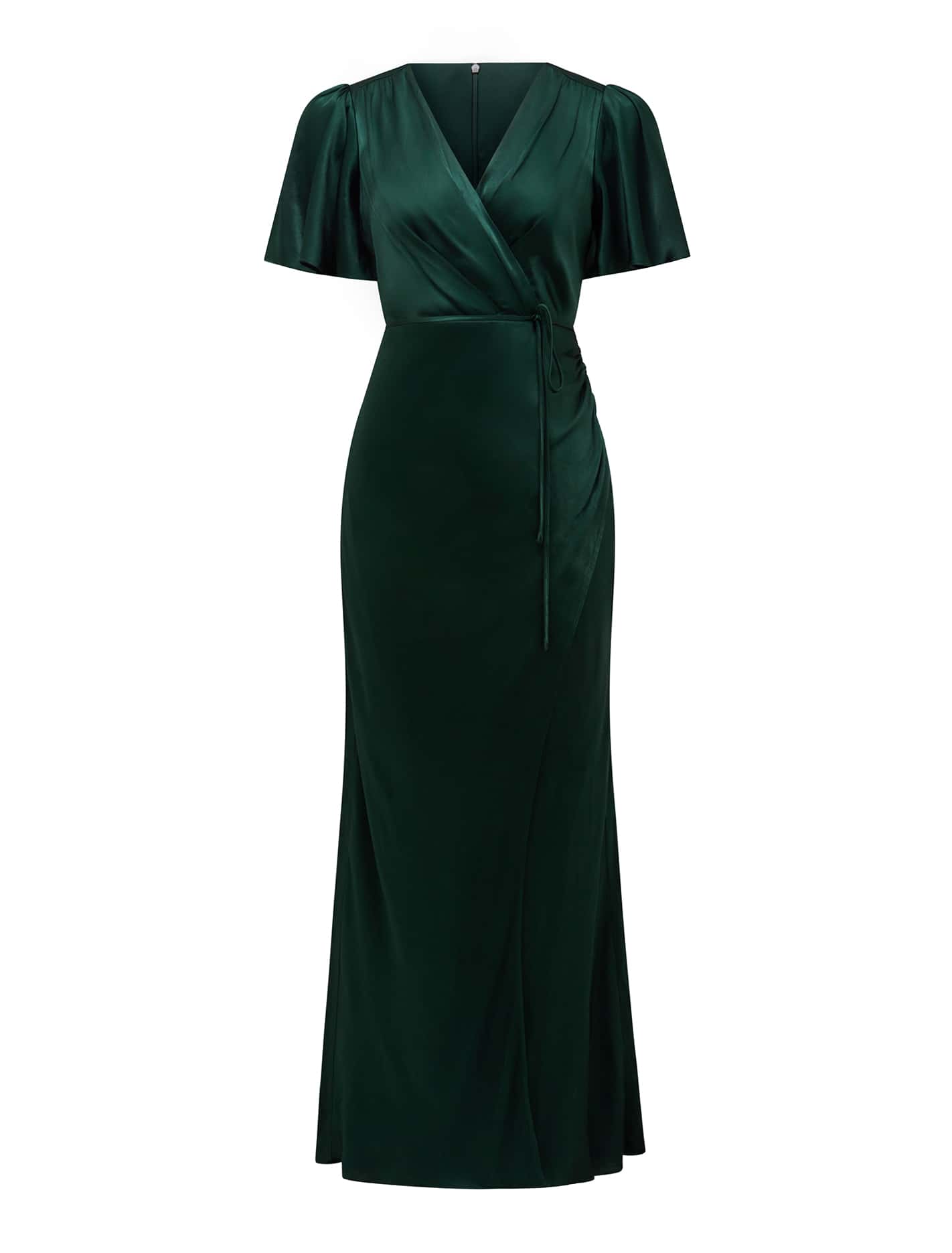 Chelsea Petite Flutter-Sleeve Satin Maxi Dress Forest Moss_mannequin
