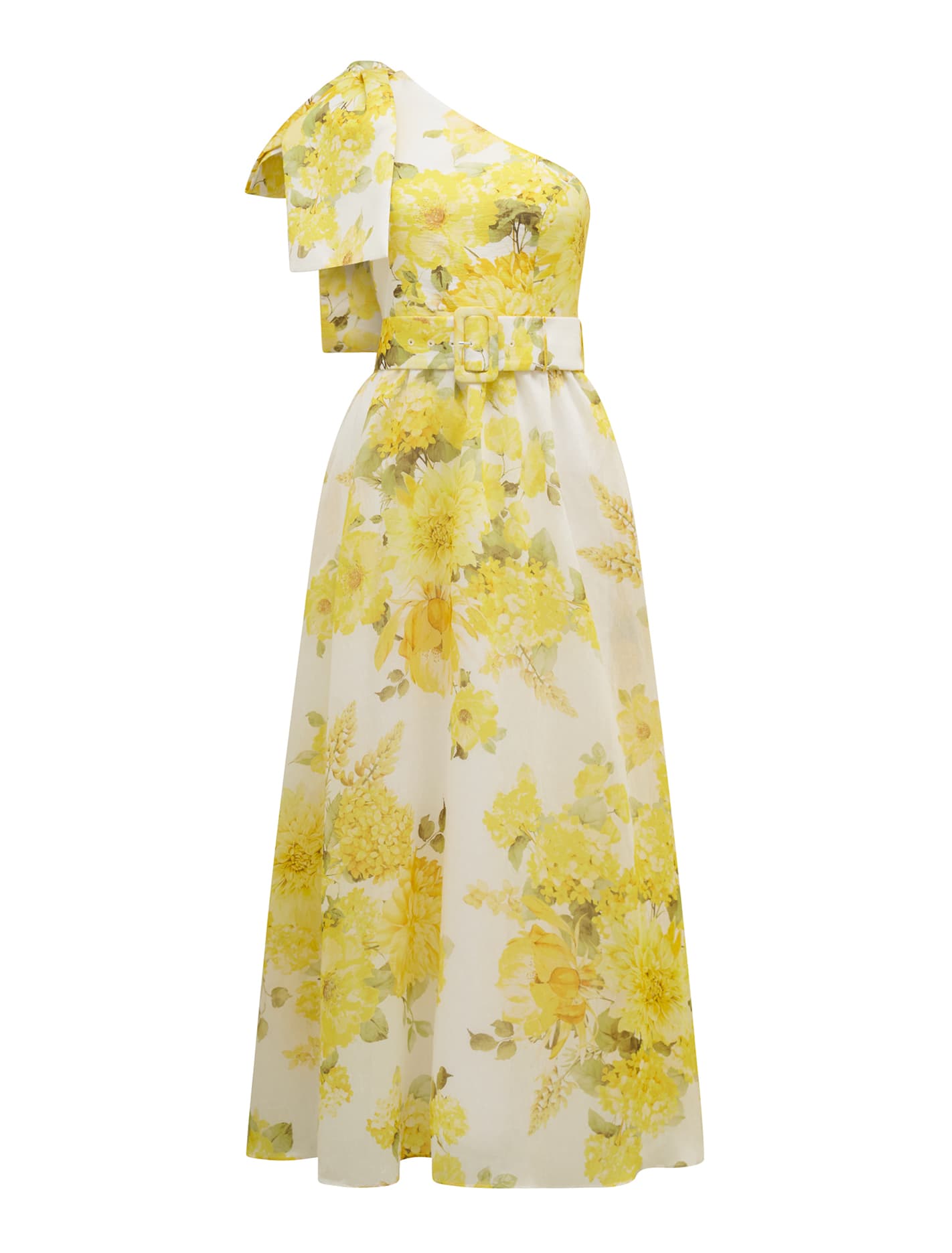 Lisa One Shoulder Ruffle Dress Gold Warrantina Floral_mannequin