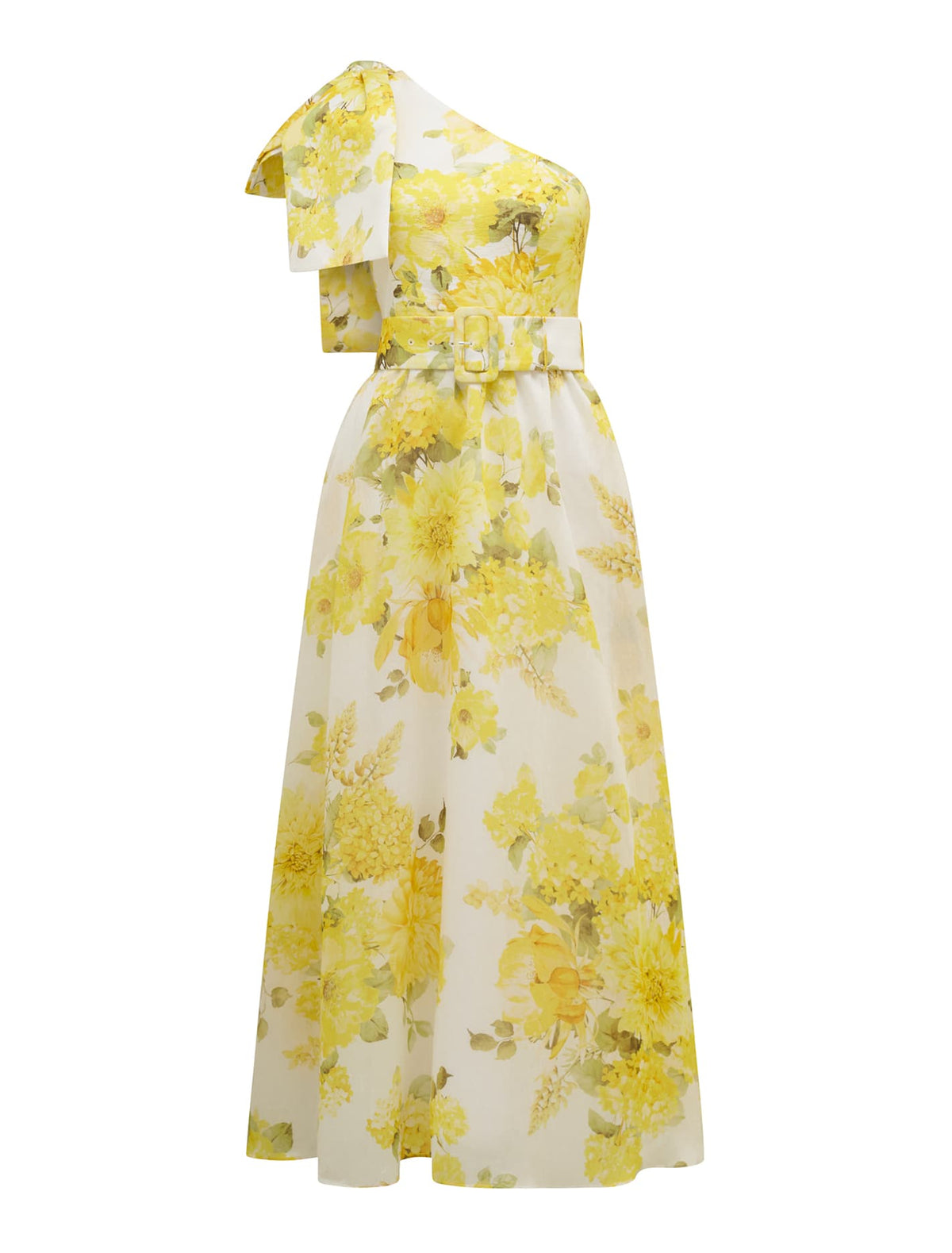 Lisa One Shoulder Ruffle Dress Gold Warrantina Floral_mannequin