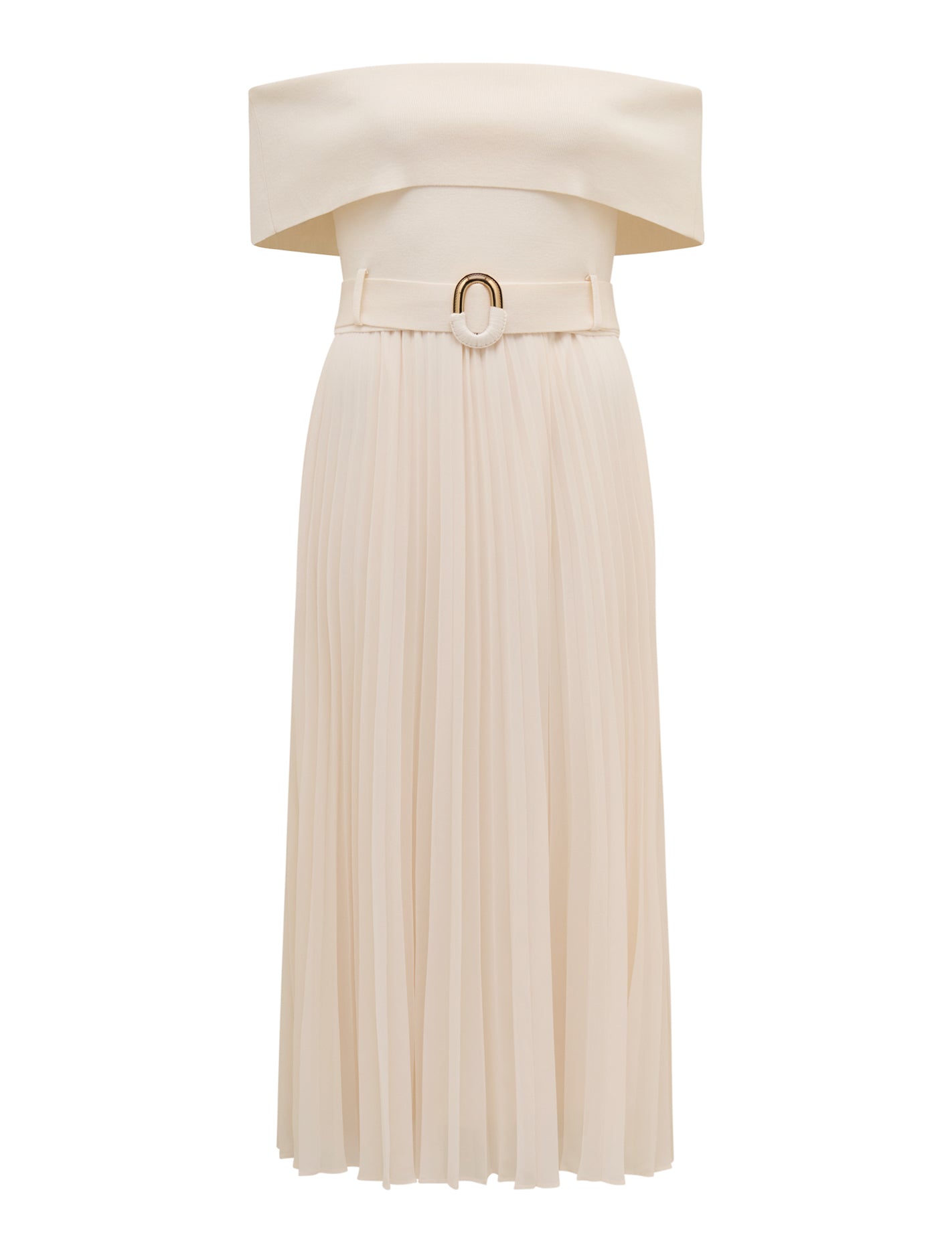 Capri Bardot Pleat Hem Midi Dress Cream_mannequin
