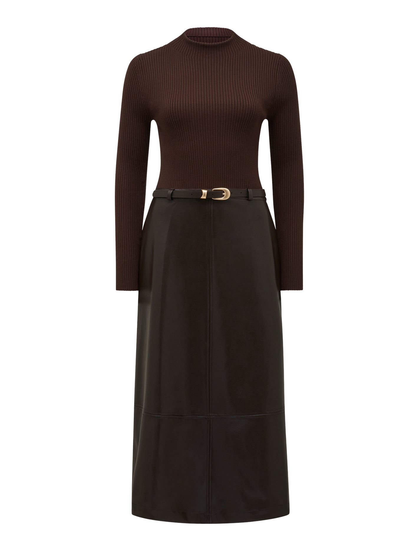 Brooklyn Faux Leather A Line Midi Dress Shadow Brown_mannequin