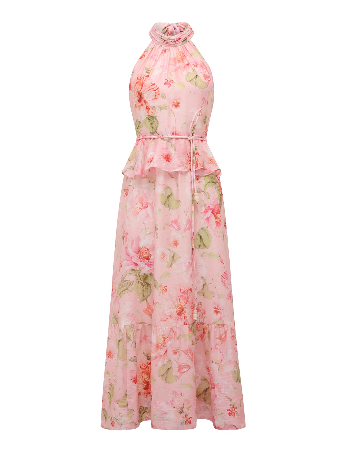 Serena Petite Halter Peplum Midi Coral Layla Botanic_mannequin