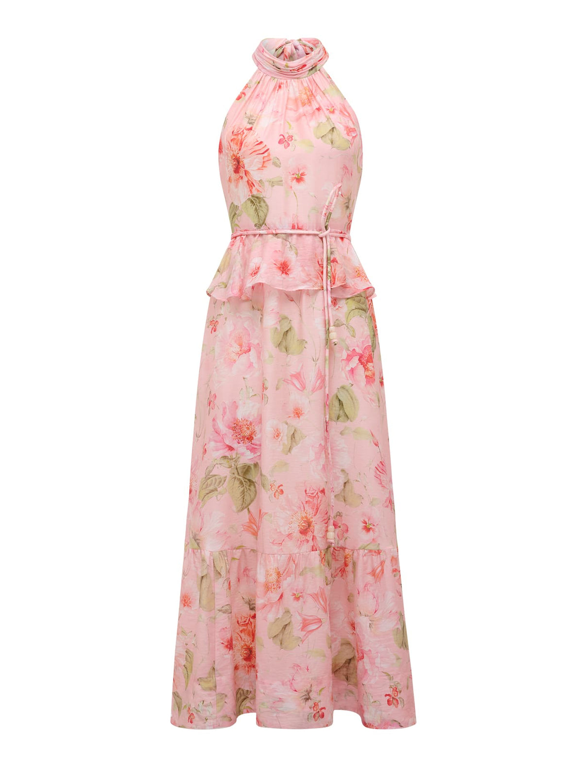Serena Petite Halter Peplum Midi Coral Layla Botanic_mannequin
