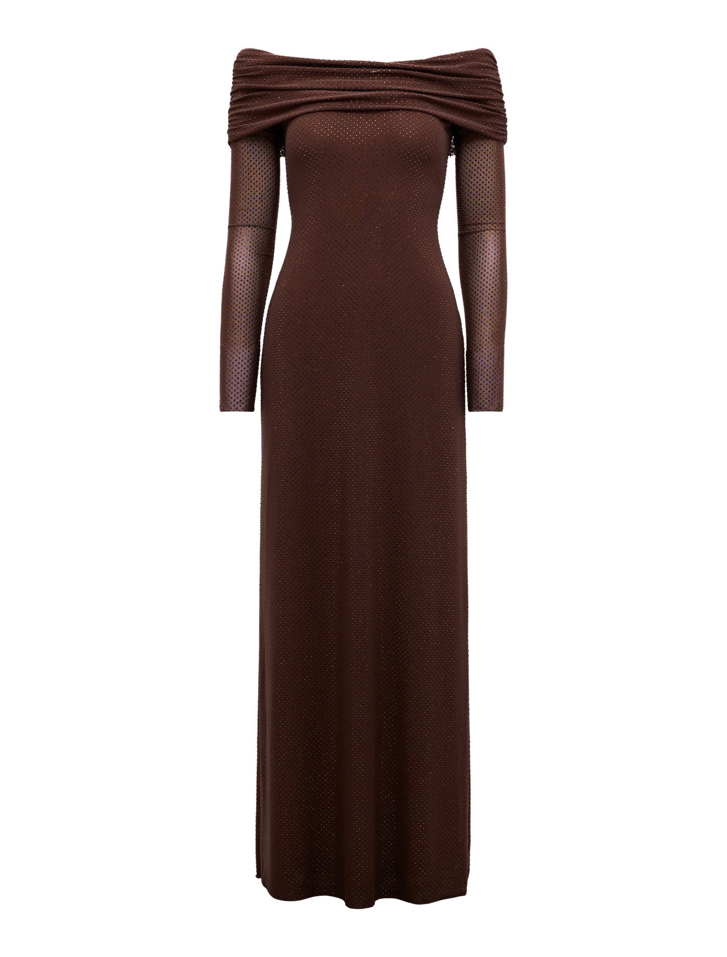 Effie Bardot Heatseal Maxi Dress Chocolate_mannequin
