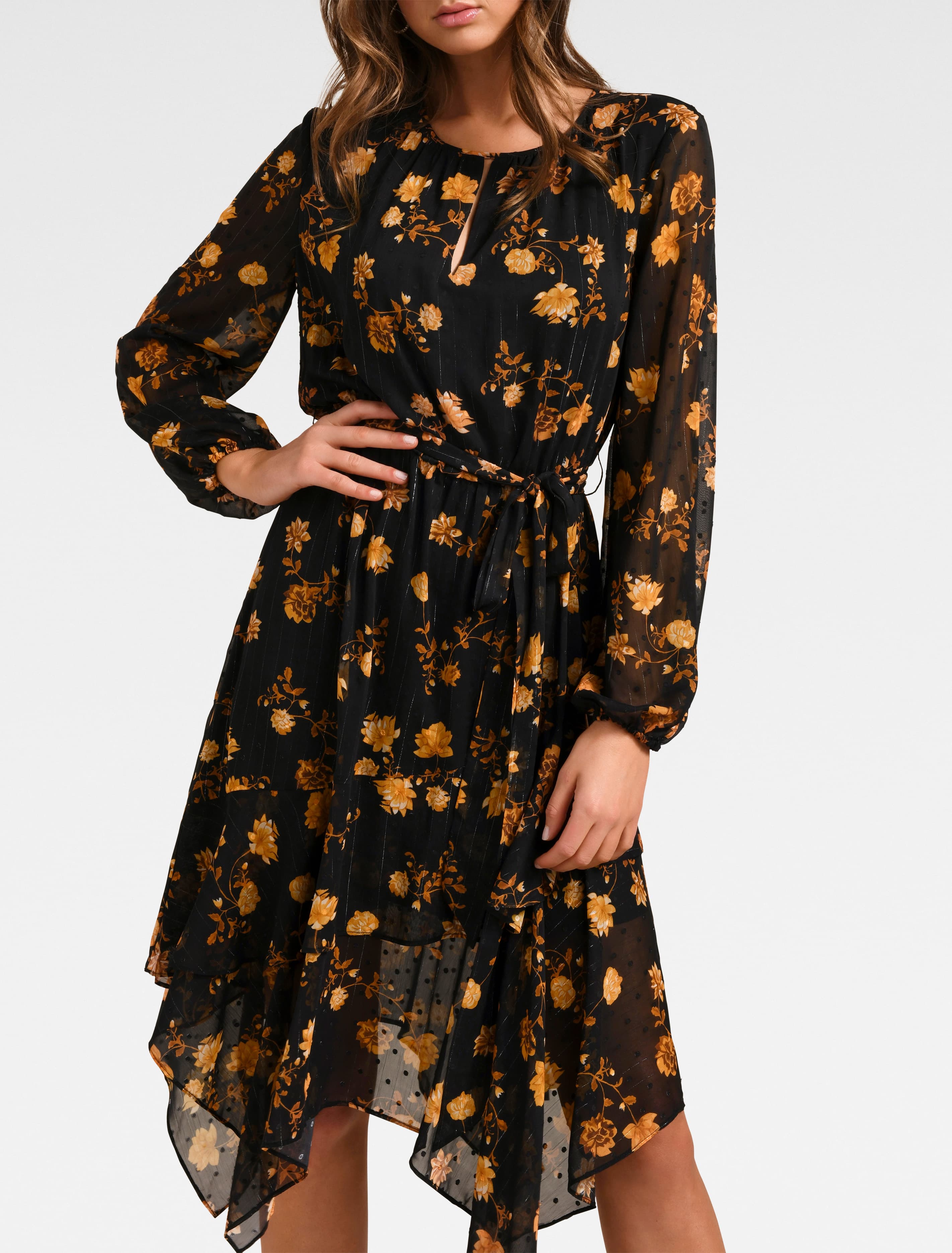 TIA PRINTED ASYMMETRIC FRILL MAXI COPPER DITSY