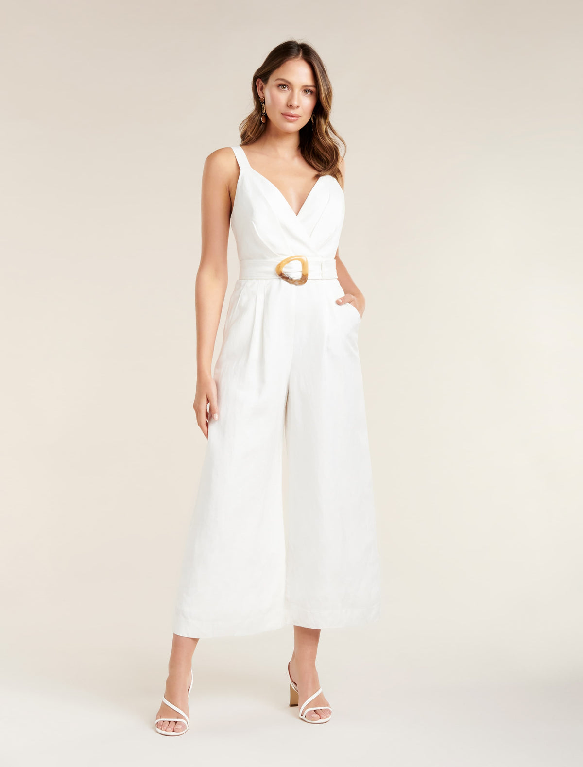 Kira Belted Linen Jumpsuit Porcelain
