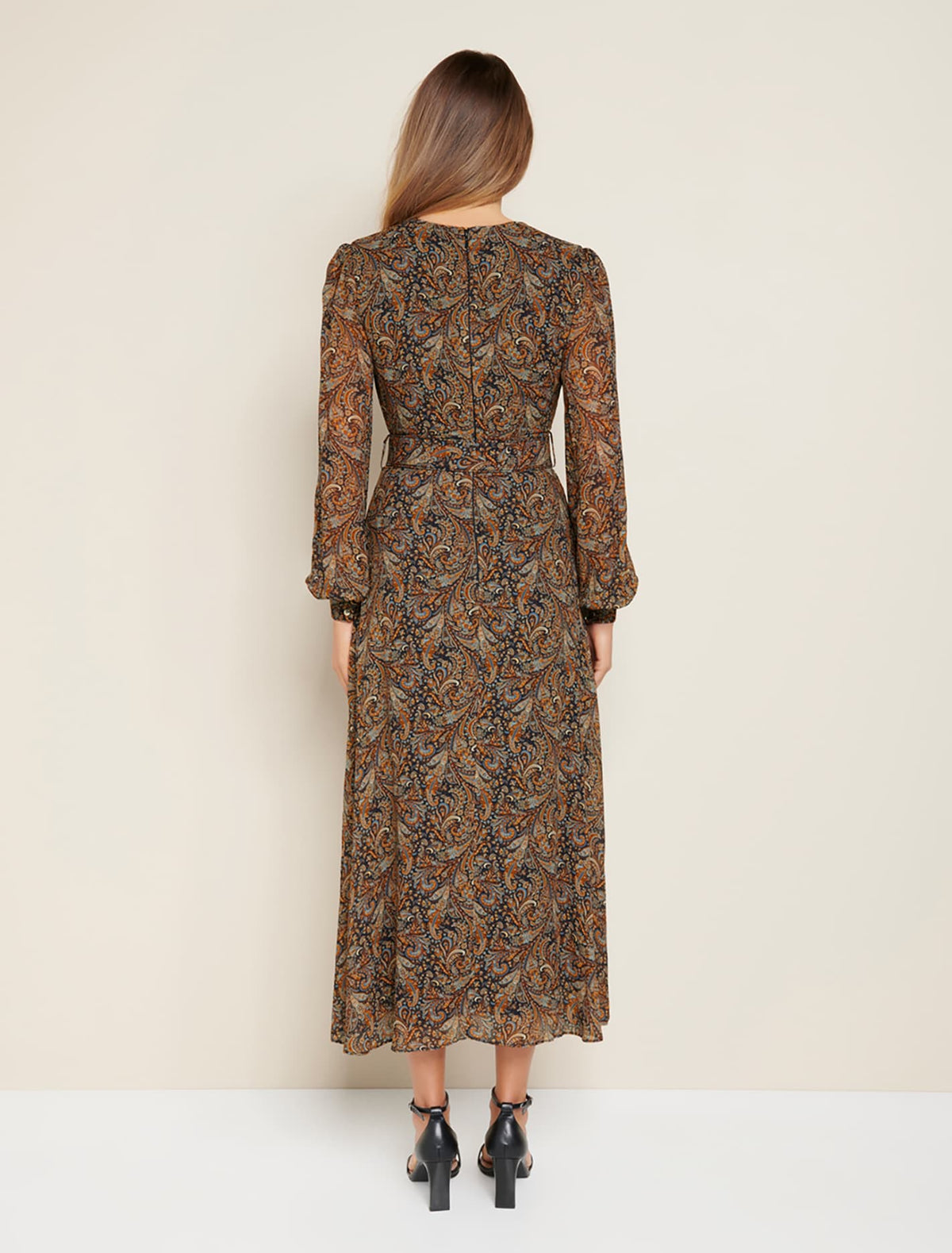 Logan Belted Midi Dress Midnight Paisley