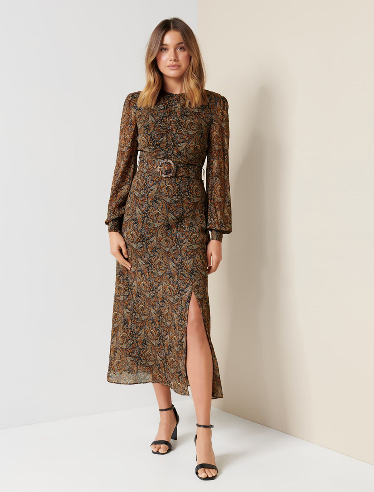 Logan Belted Midi Dress Midnight Paisley