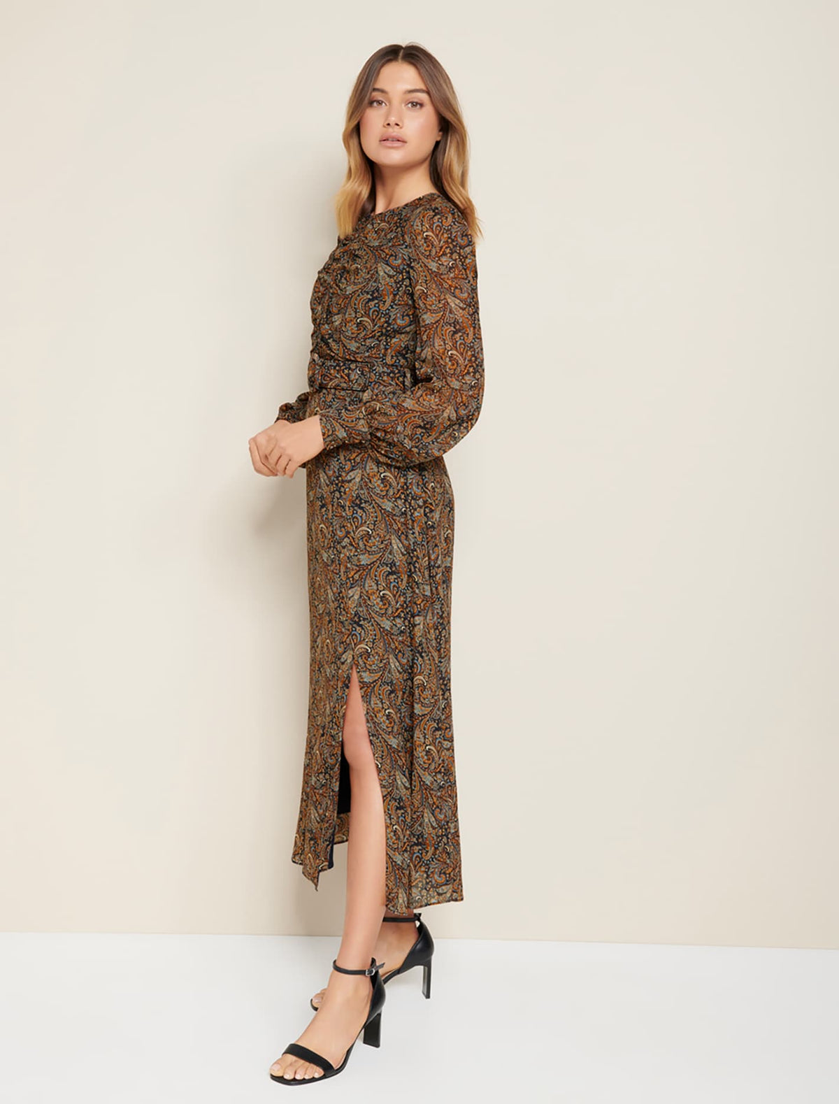 Logan Belted Midi Dress Midnight Paisley