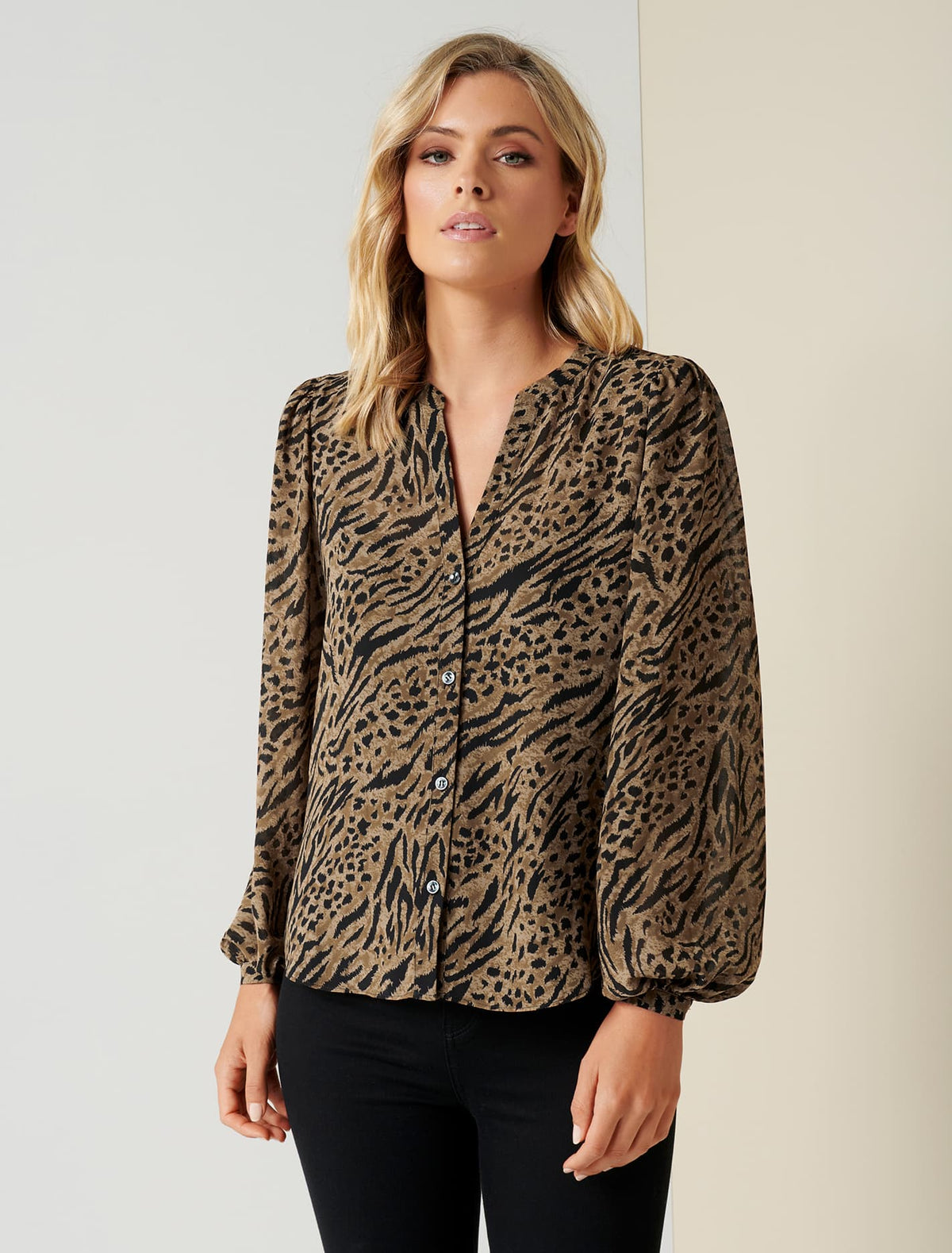 Milly Button Down Collarless Blouse Textured Animal