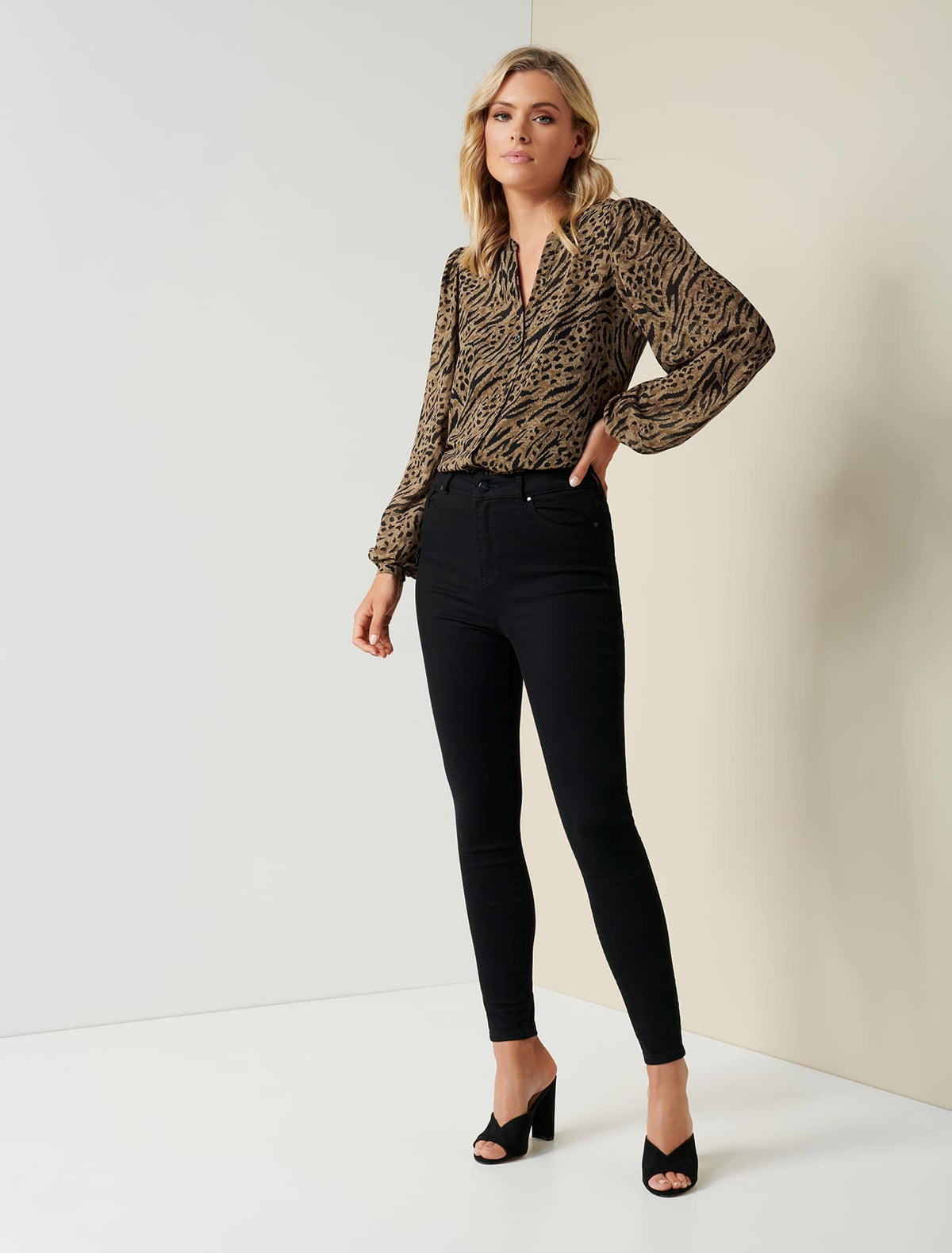 Milly Button Down Collarless Blouse Textured Animal