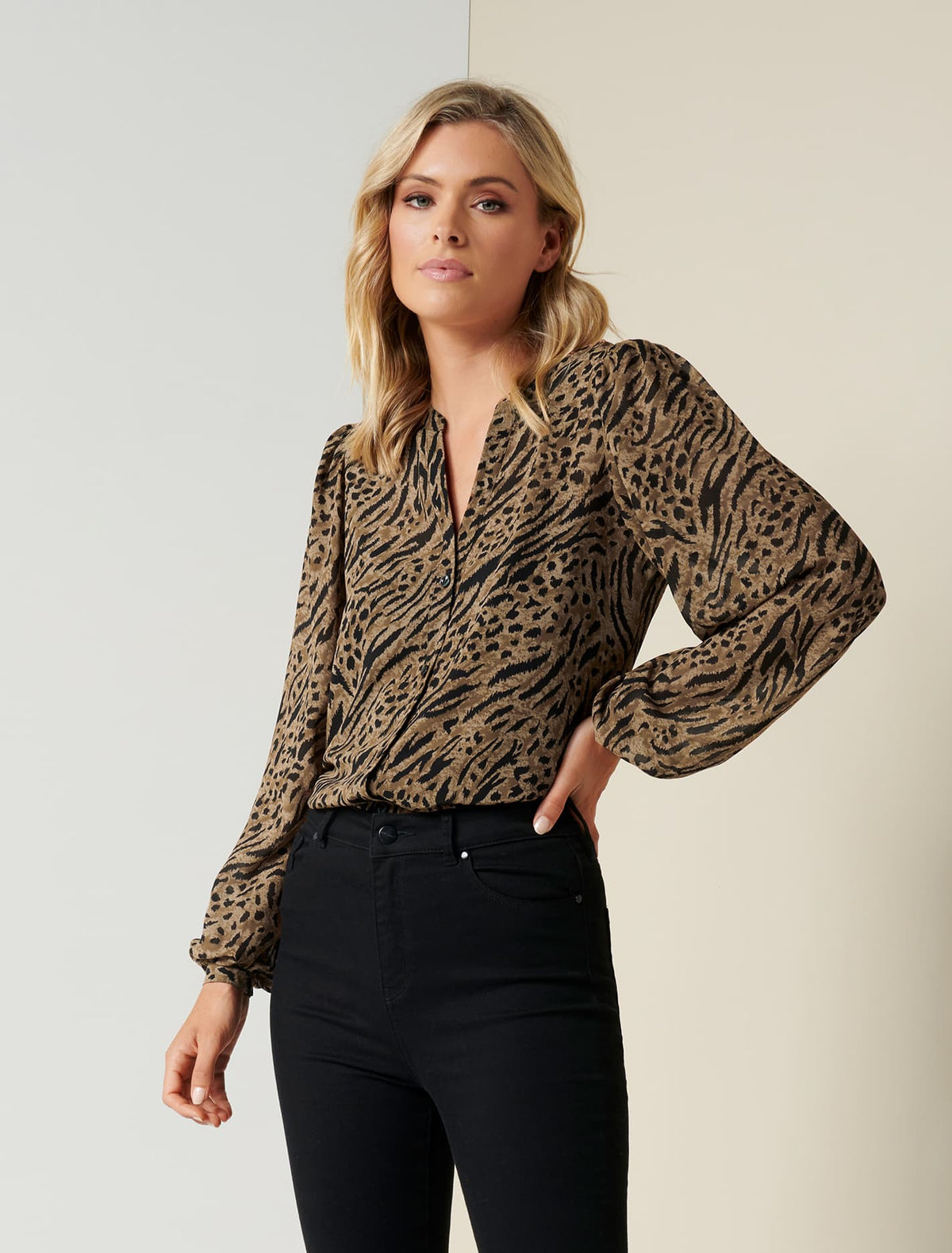 Milly Button Down Collarless Blouse Textured Animal