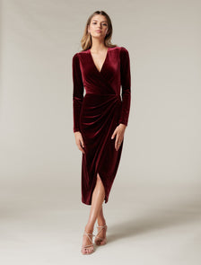 Evaliah Velvet Wrap Midi Dress Plum
