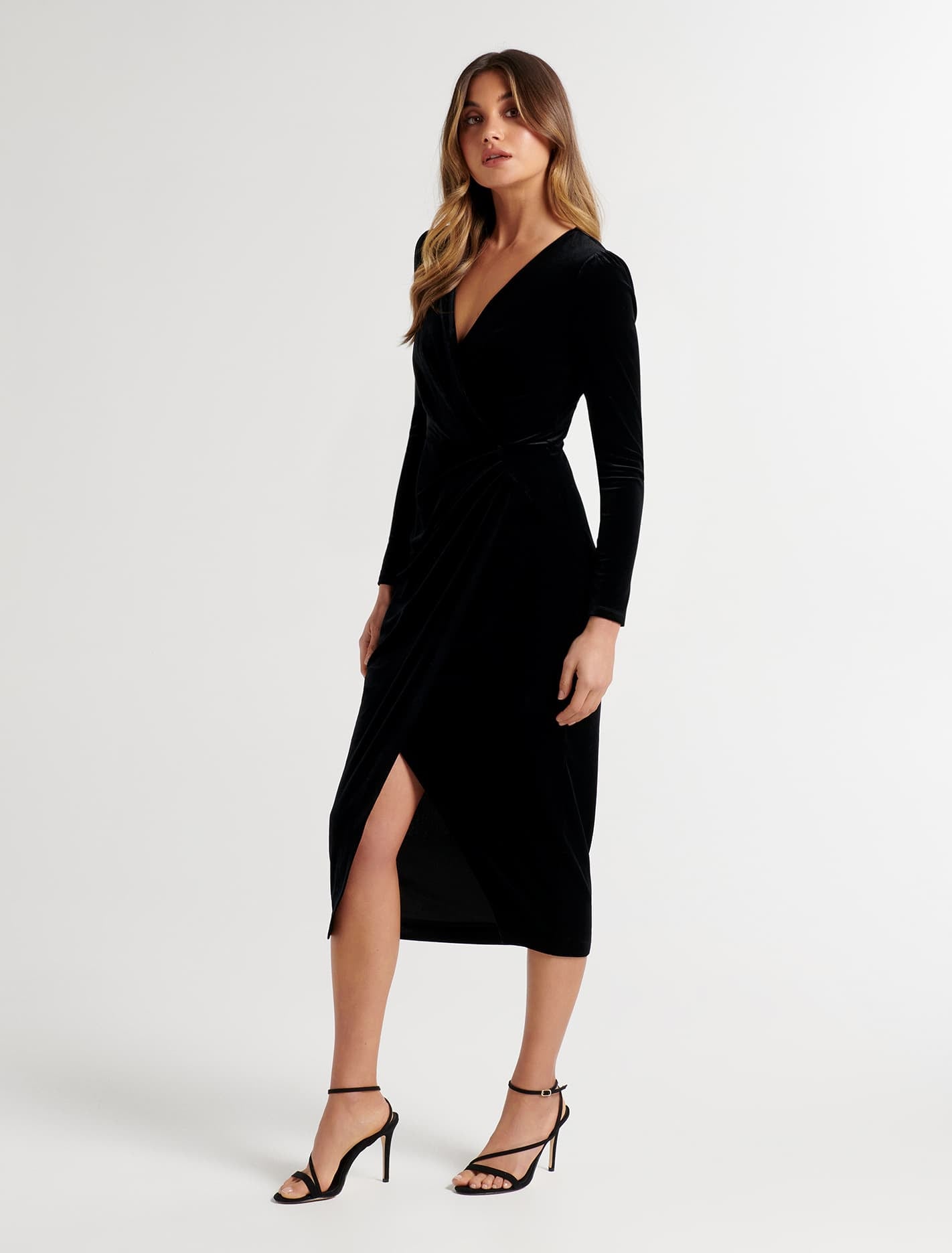 Evaliah Velvet Wrap Midi Dress Black