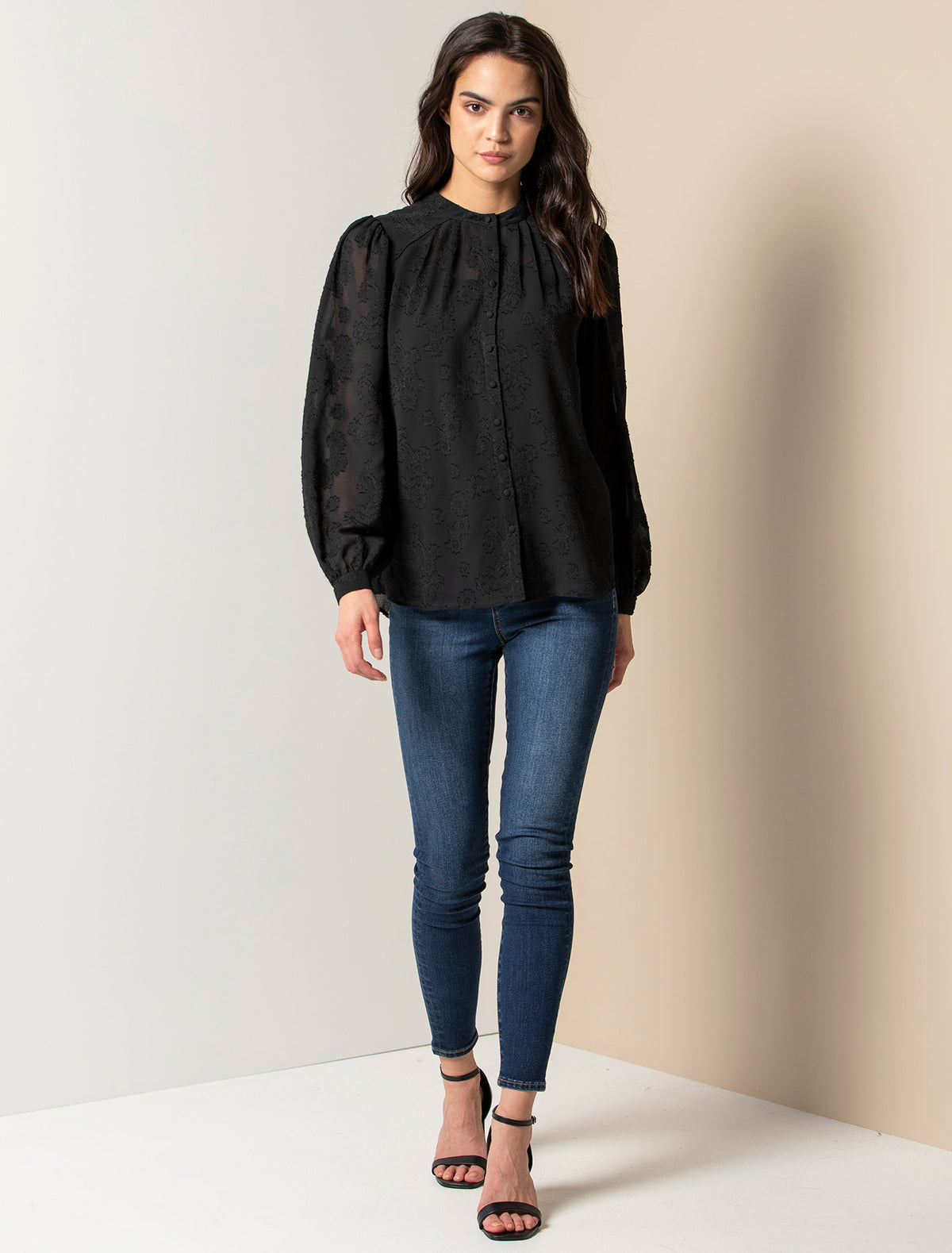 Brielle Burnout Button Front Blouse Black