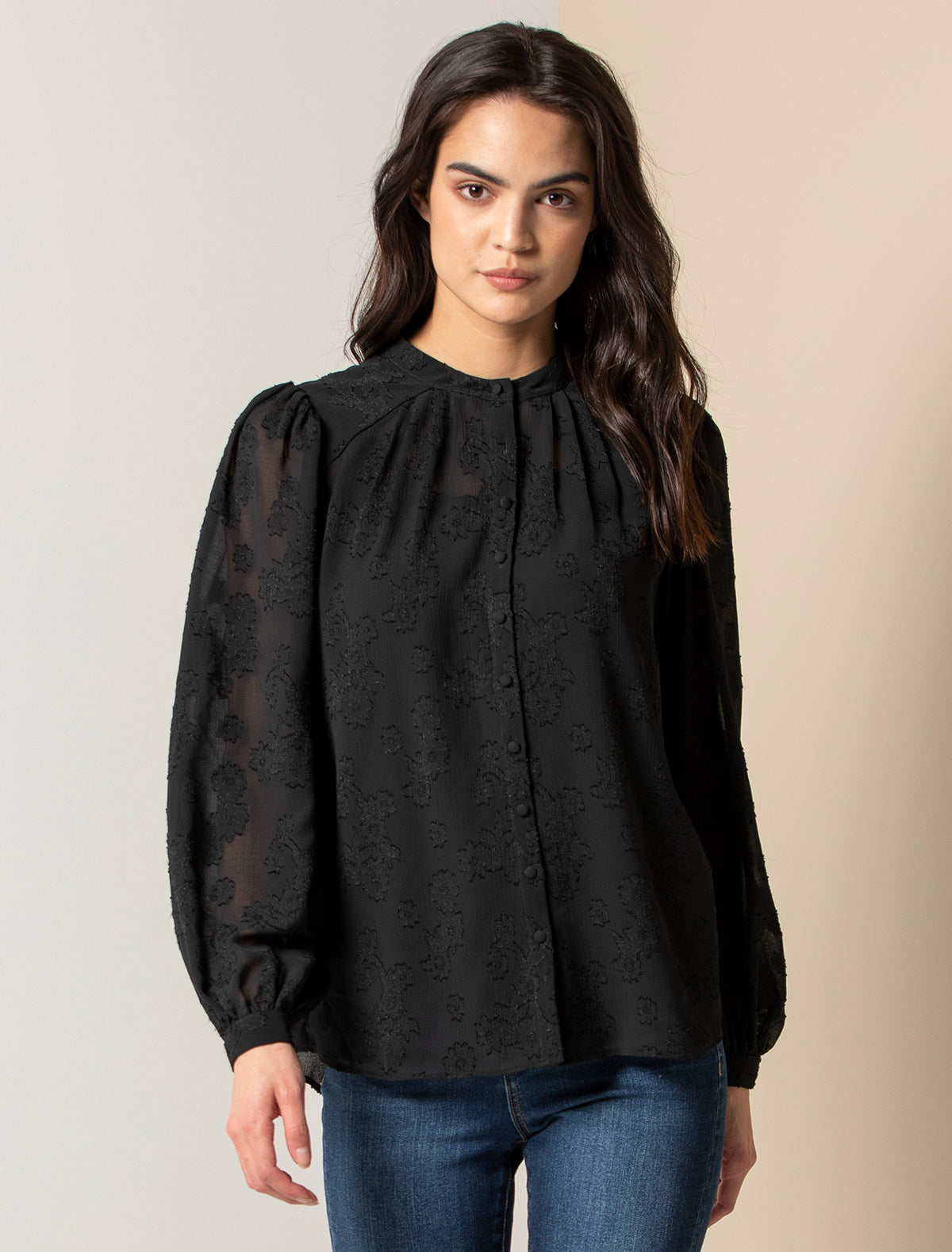 Brielle Burnout Button Front Blouse Black