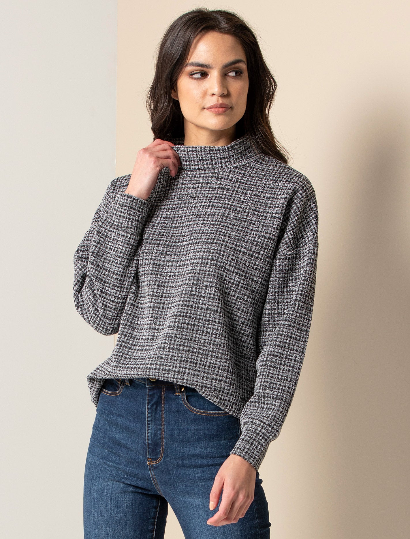 Priya High-Neck Check Slouch Sweater Grey Check
