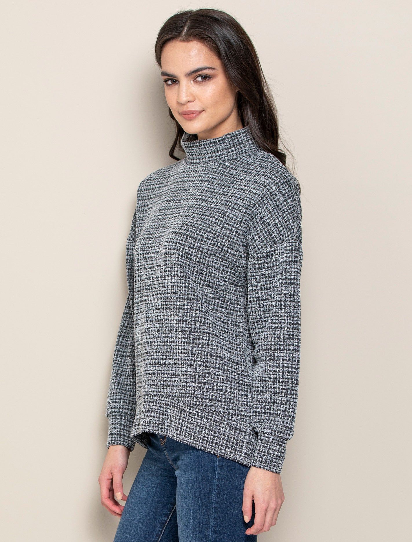 Priya High-Neck Check Slouch Sweater Grey Check