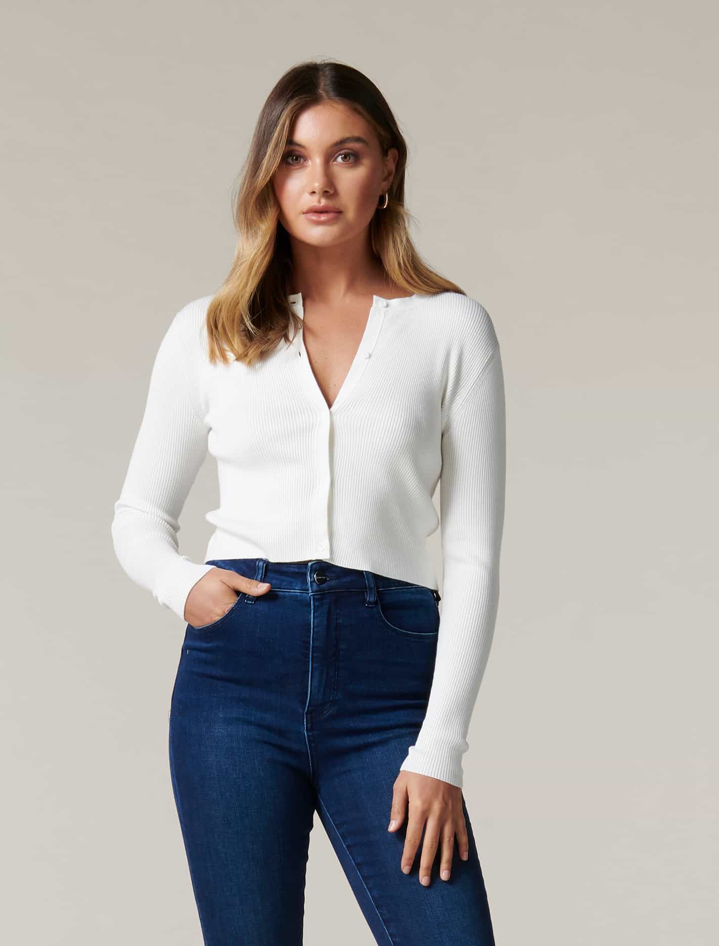Lana Rib Crop Knit Cardigan Porcelain
