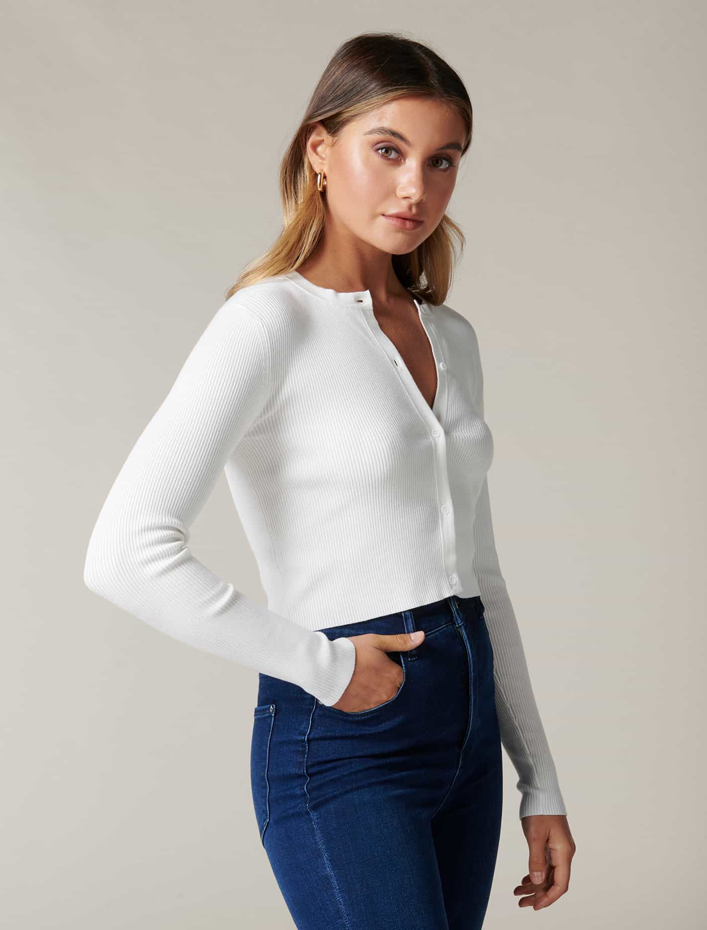 Lana Rib Crop Knit Cardigan Porcelain