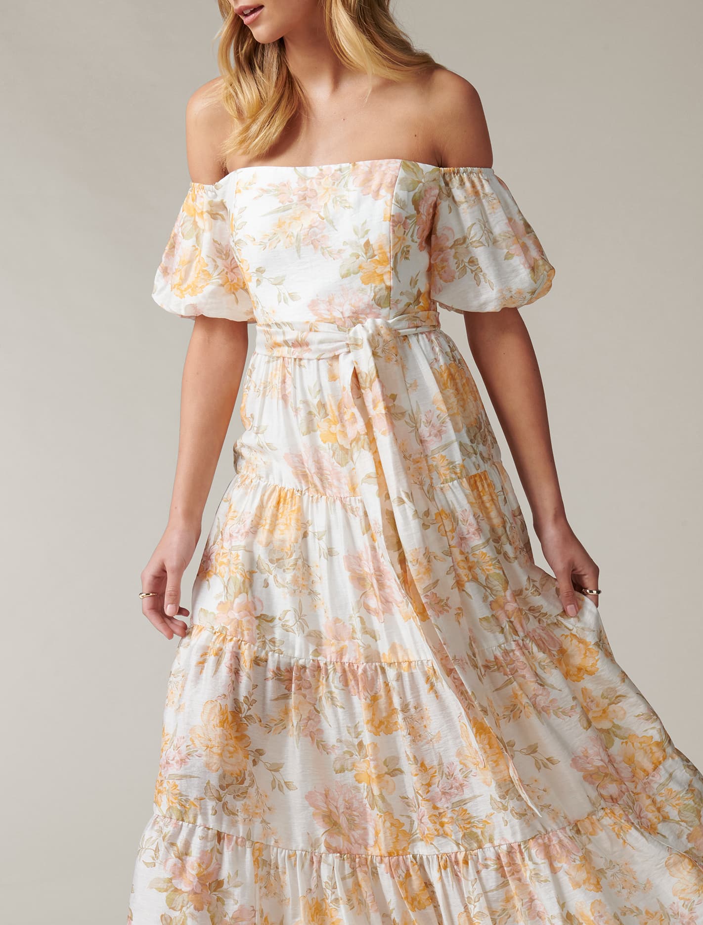 Lia Off Shoulder Tiered Midi Dress Vintage Splendor