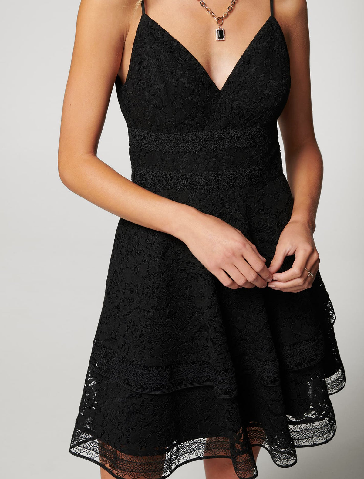 Isabel Tiered Lace Mini Dress Black