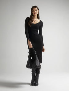 Kourtney V Neck Rib Knit Dress Black