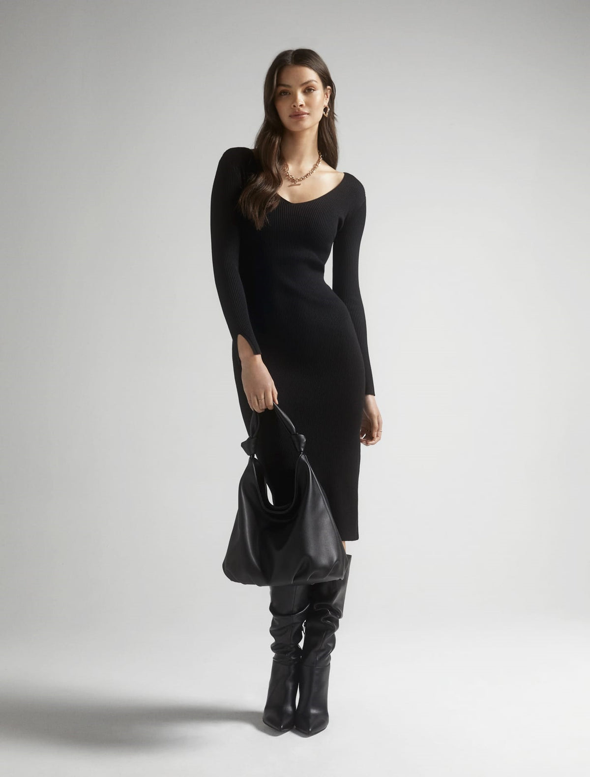 Kourtney V Neck Rib Knit Dress Black