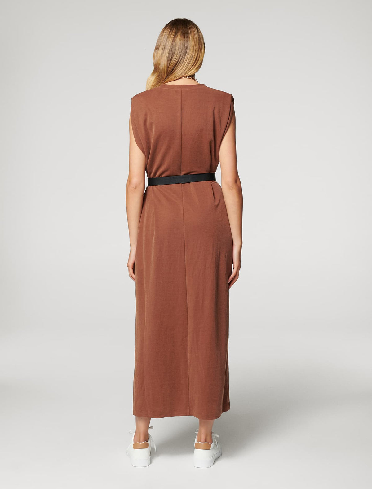 Zoe Extended Shoulder Column Dress Chocolate Brown