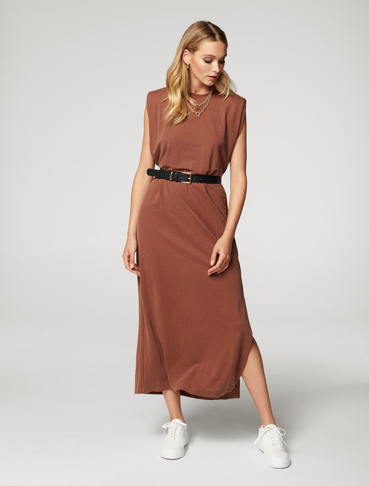 Zoe Extended Shoulder Column Dress Chocolate Brown