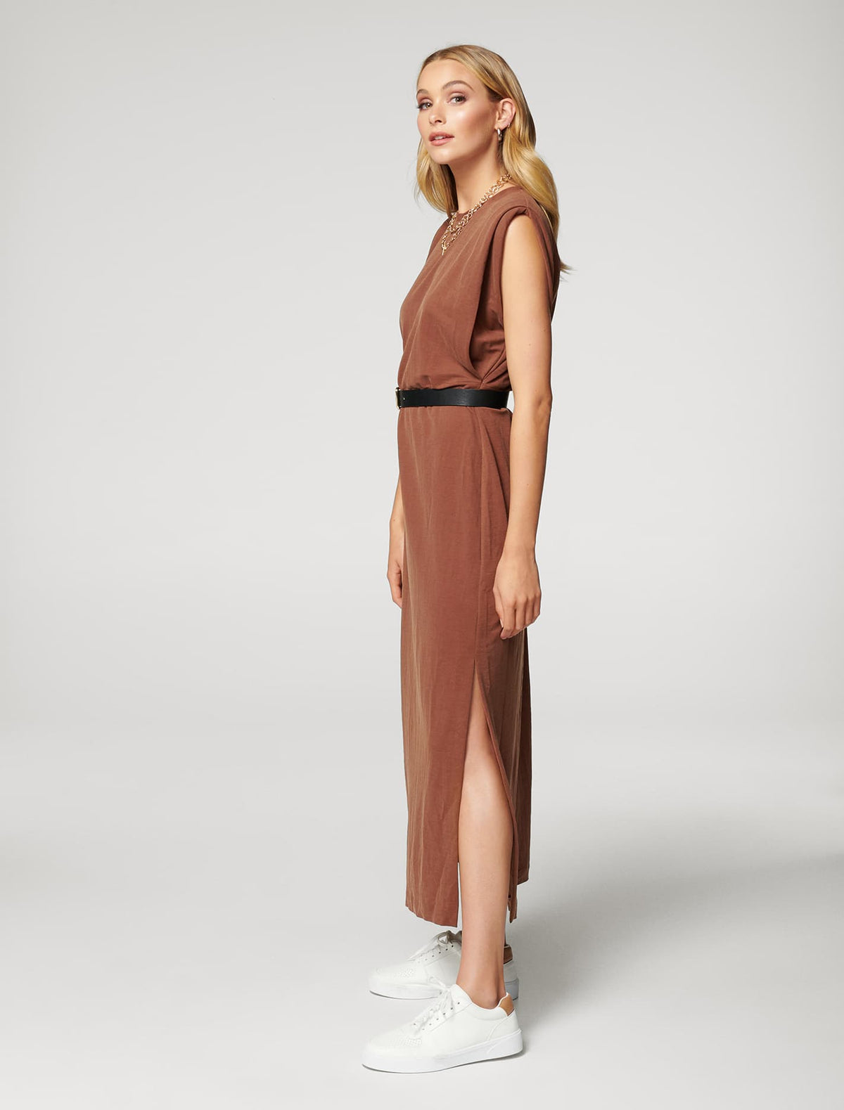 Zoe Extended Shoulder Column Dress Chocolate Brown