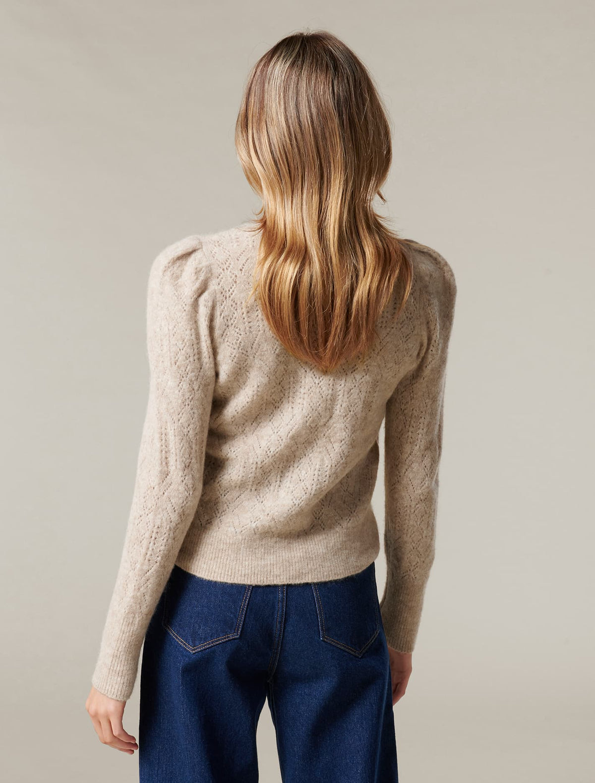 Luna Pointelle Puff Sleeve Knit Jumper oatmeal