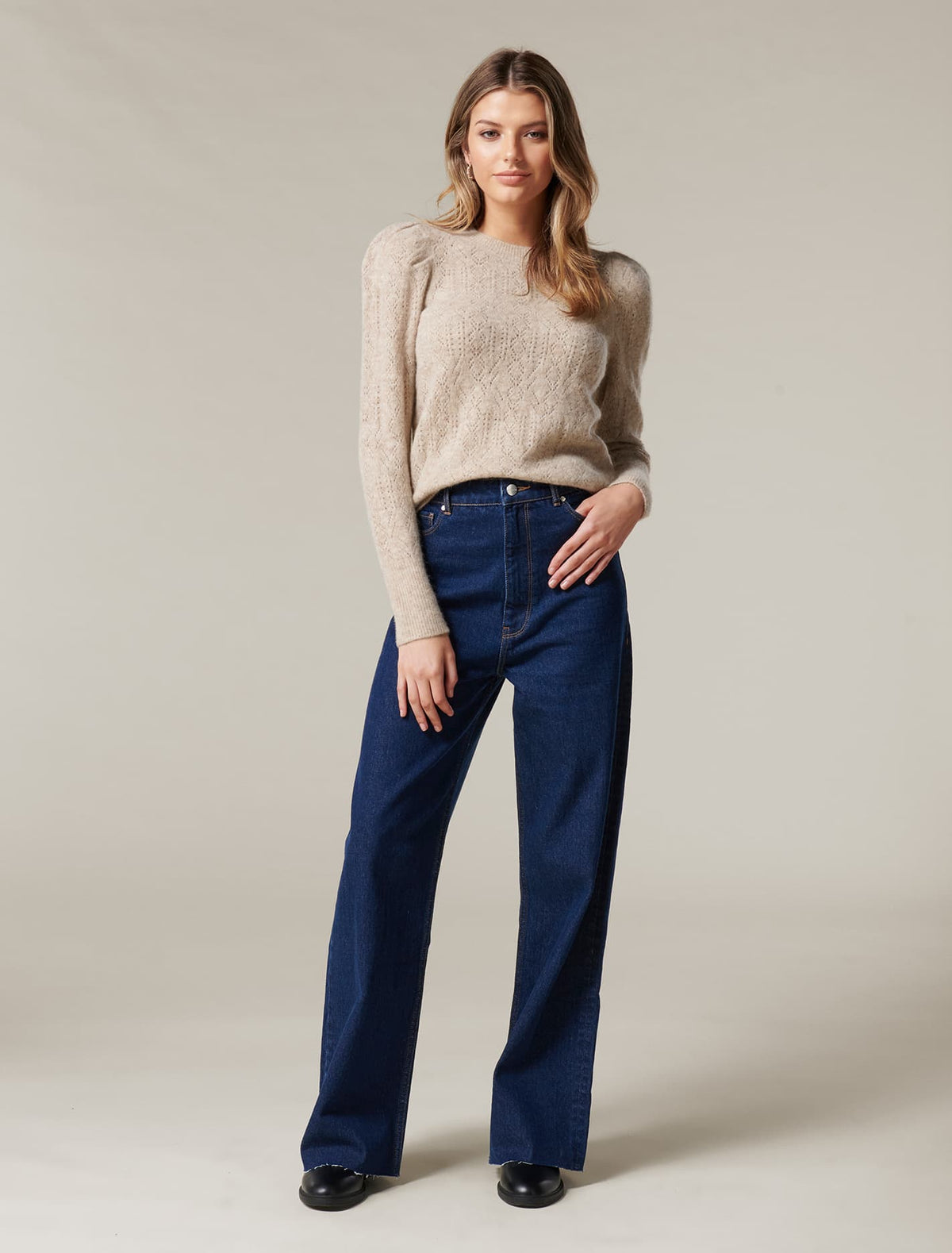 Luna Pointelle Puff Sleeve Knit Jumper oatmeal