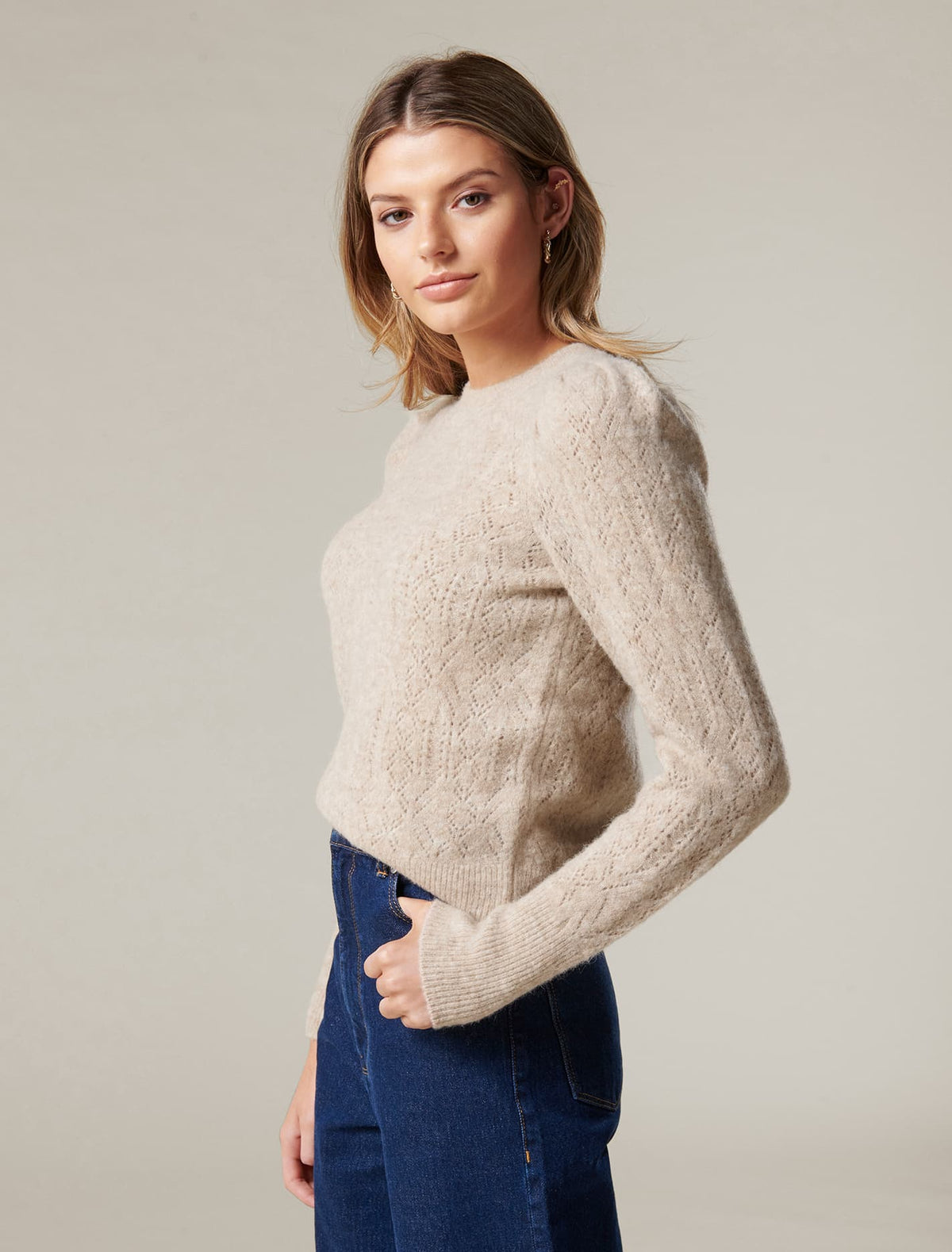 Luna Pointelle Puff Sleeve Knit Jumper oatmeal