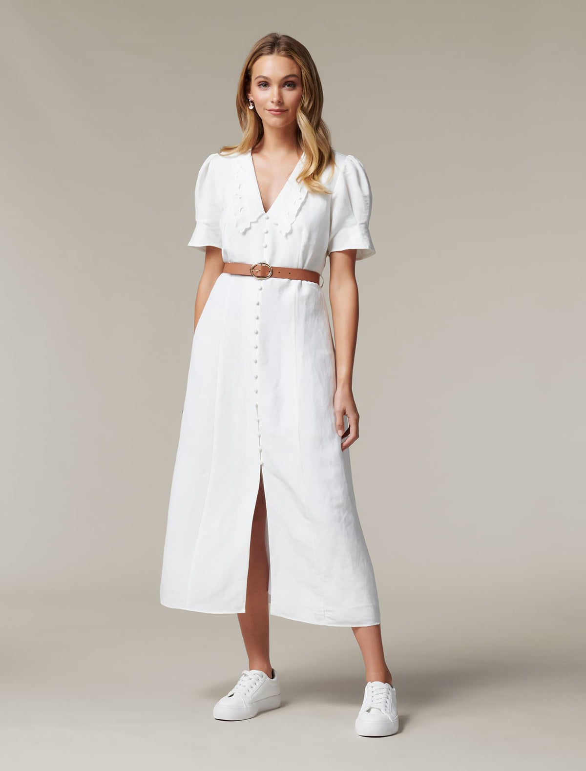 Heather Embroidered Collar Midi Dress Porcelain