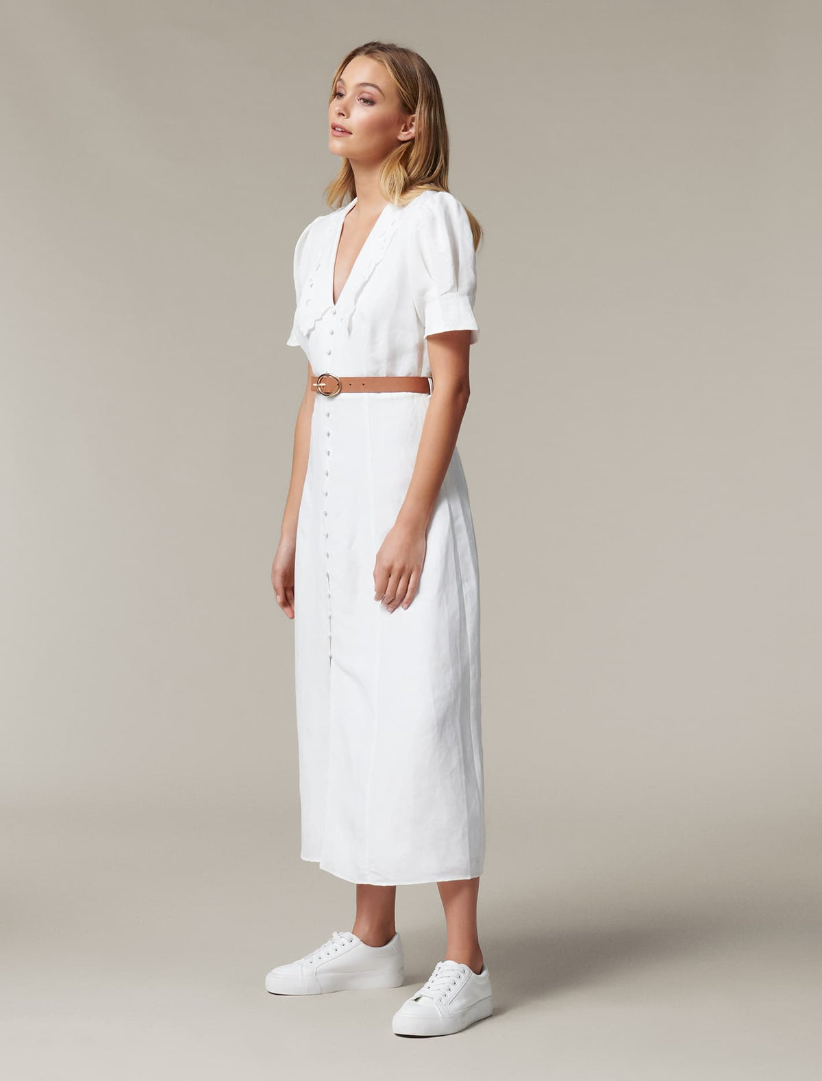 Heather Embroidered Collar Midi Dress Porcelain