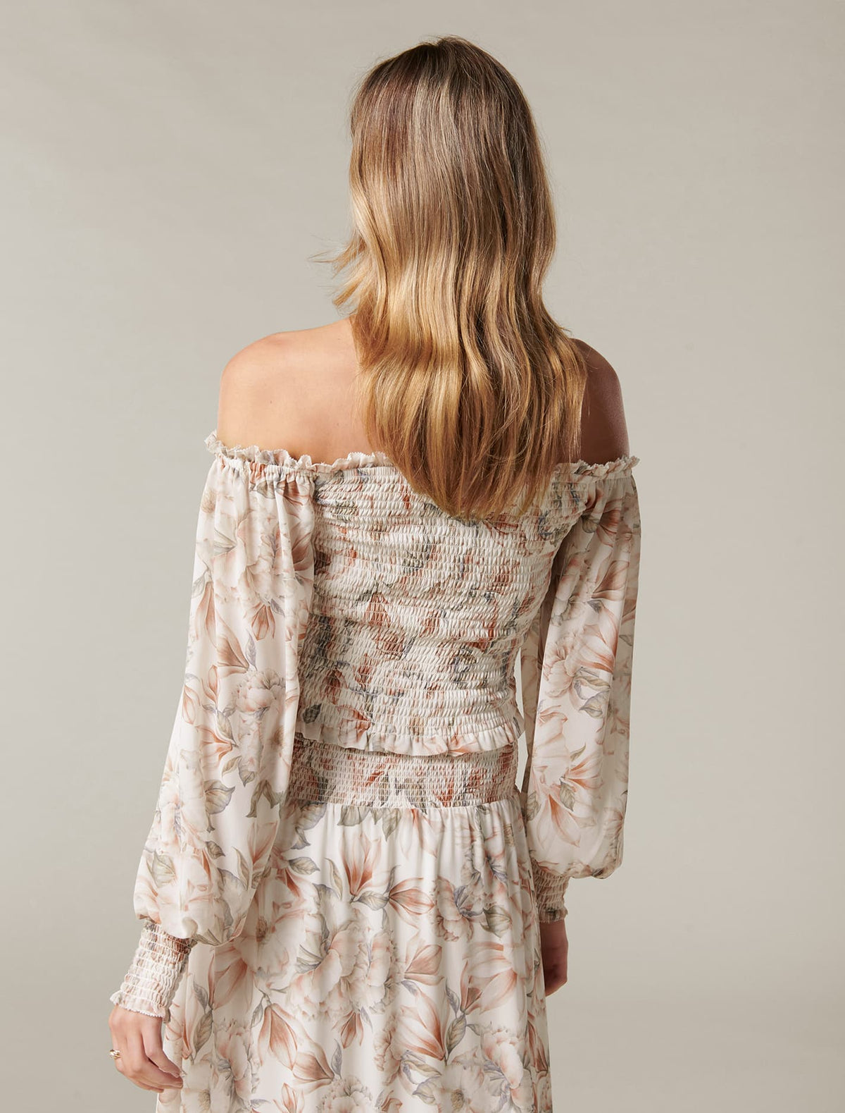 Colette Shirred Off Shoulder Co-ord Faded Coral Floral