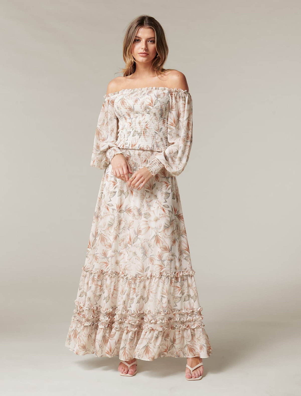 Colette Shirred Off Shoulder Co-ord Faded Coral Floral