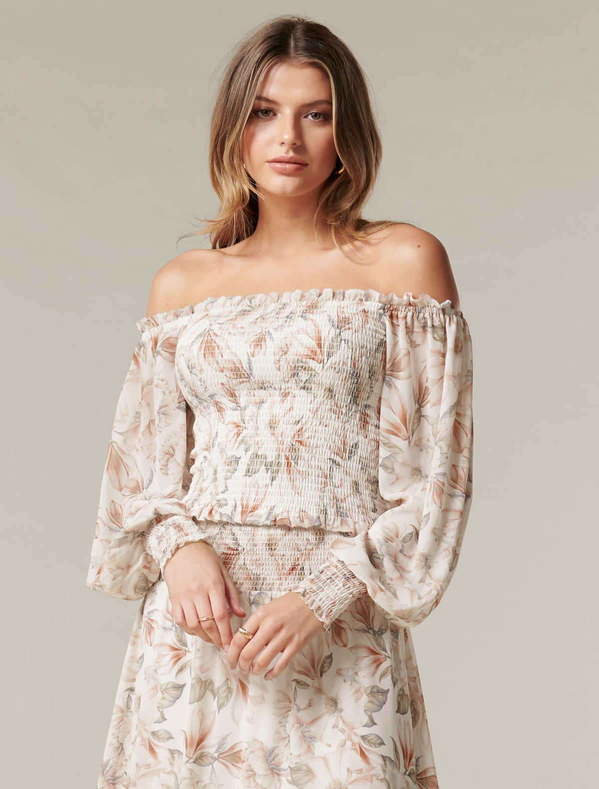 Colette Shirred Off Shoulder Co-ord Faded Coral Floral
