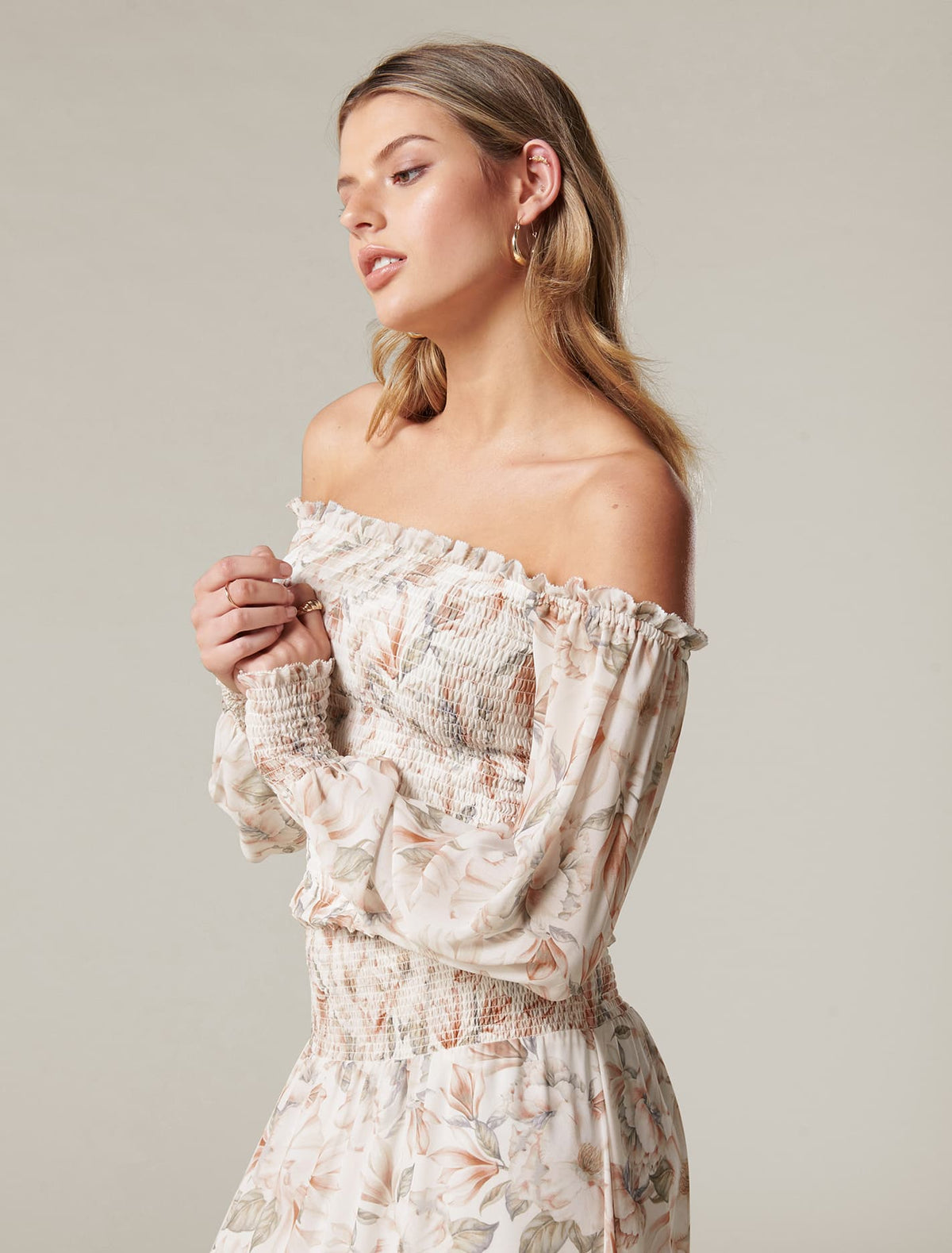 Colette Shirred Off Shoulder Co-ord Faded Coral Floral
