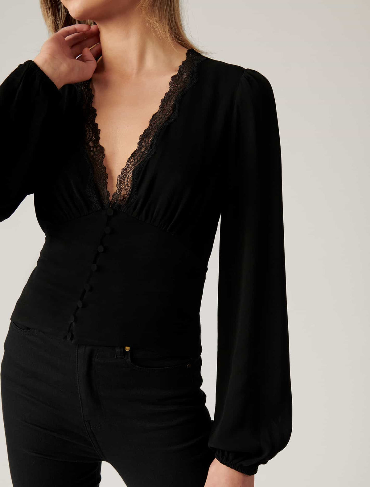 Elise Lace Trim Blouse Black